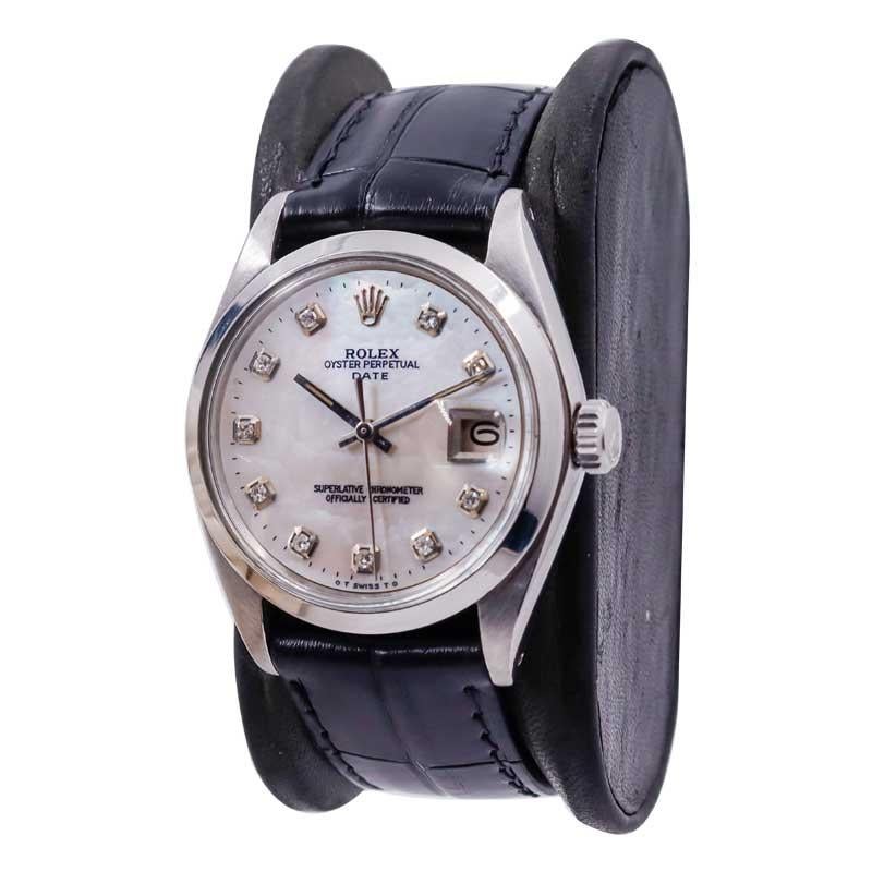 Rolex Montre Oyster Perpetual Date en acier avec cadran personnalisé en nacre et diamants, années 1970 Excellent état à Long Beach, CA