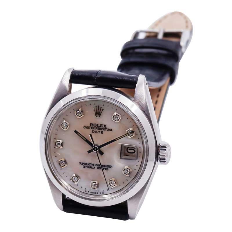 Rolex Montre Oyster Perpetual Date en acier avec cadran personnalisé en nacre et diamants, années 1970 2