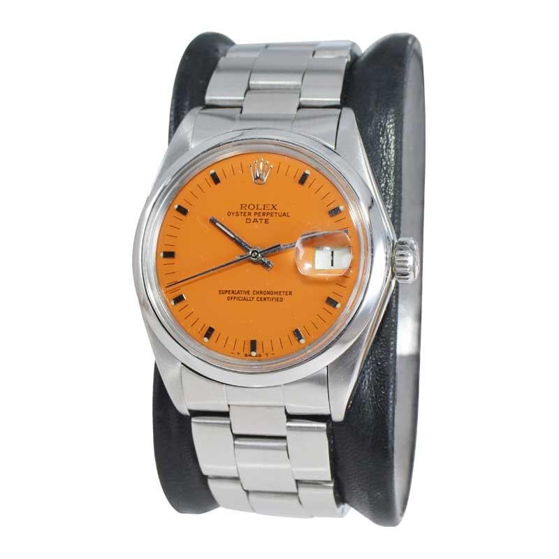 Moderne Rolex Montre Oyster Perpetual Date en acier avec cadran orange personnalisé, années 1960 en vente