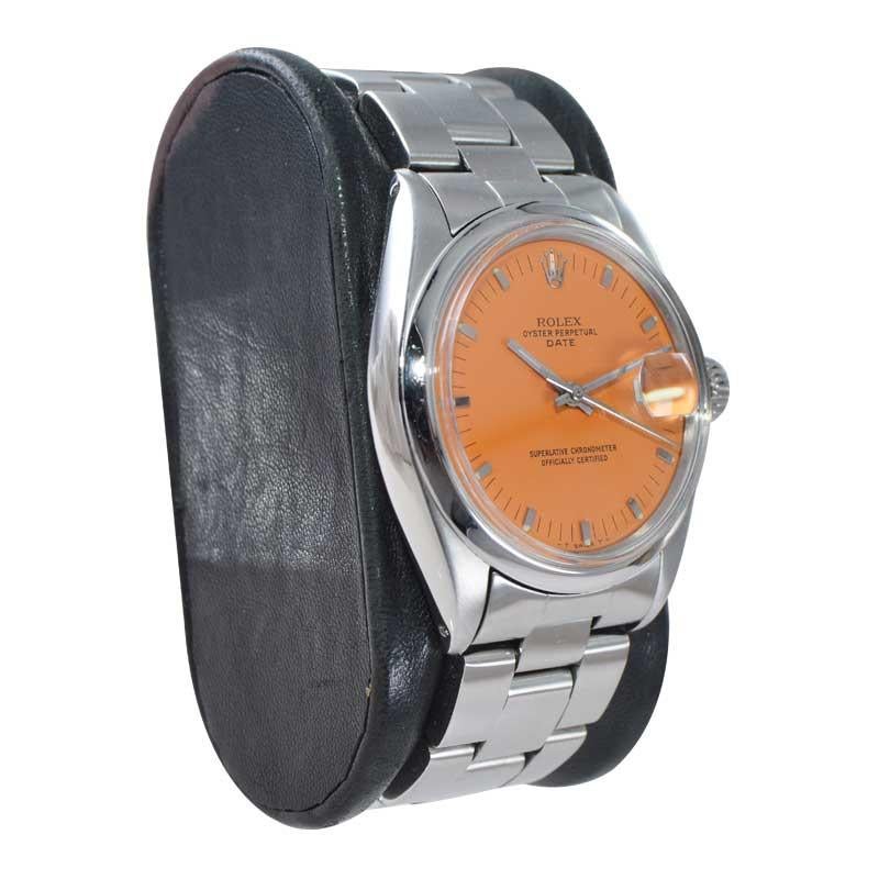 Rolex Montre Oyster Perpetual Date en acier avec cadran orange personnalisé, années 1960 Unisexe en vente