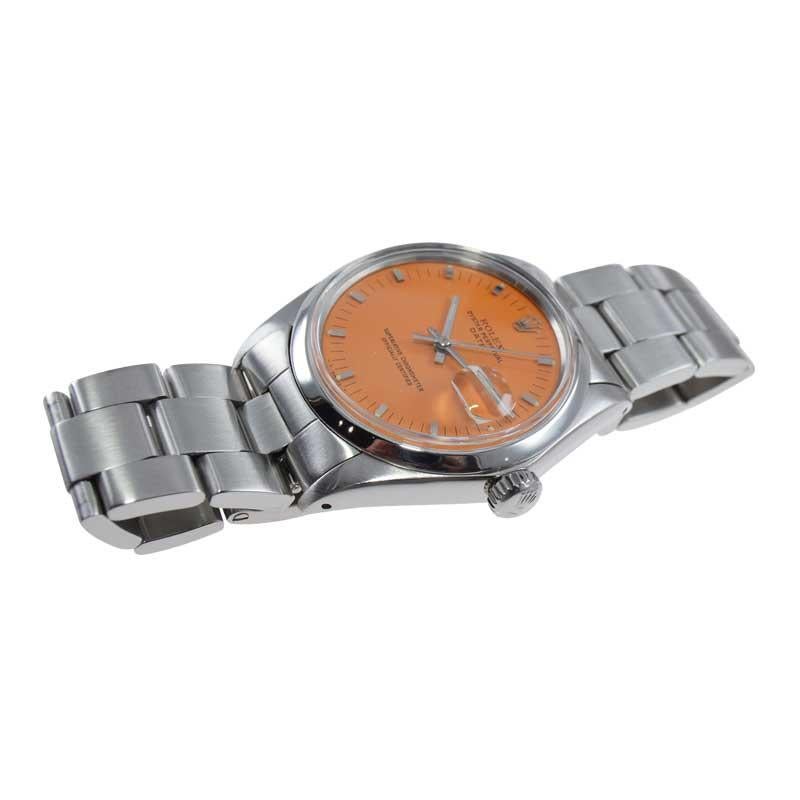 Modern Rolex Steel Oyster Perpetual Date with Custom Orange Dial 1960s For Sale