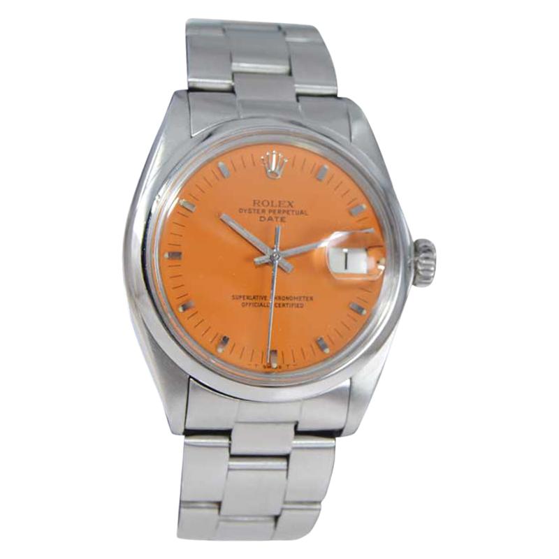 Rolex Steel Oyster Perpetual Date with Custom Orange Dial 1960s For Sale