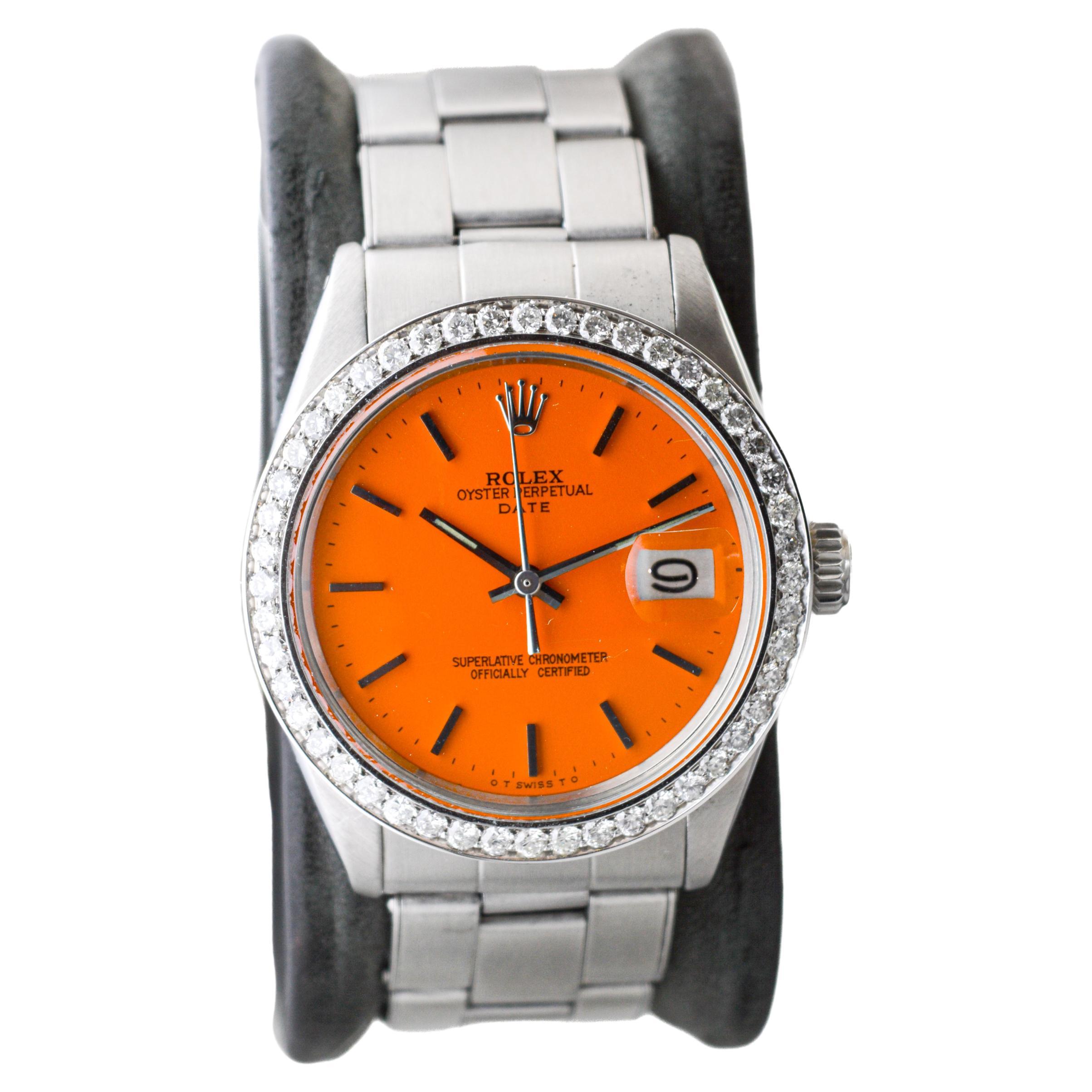 Modern Rolex Steel Oyster Perpetual Date with Custom Orange Dial & Custom Diamond Bezel For Sale