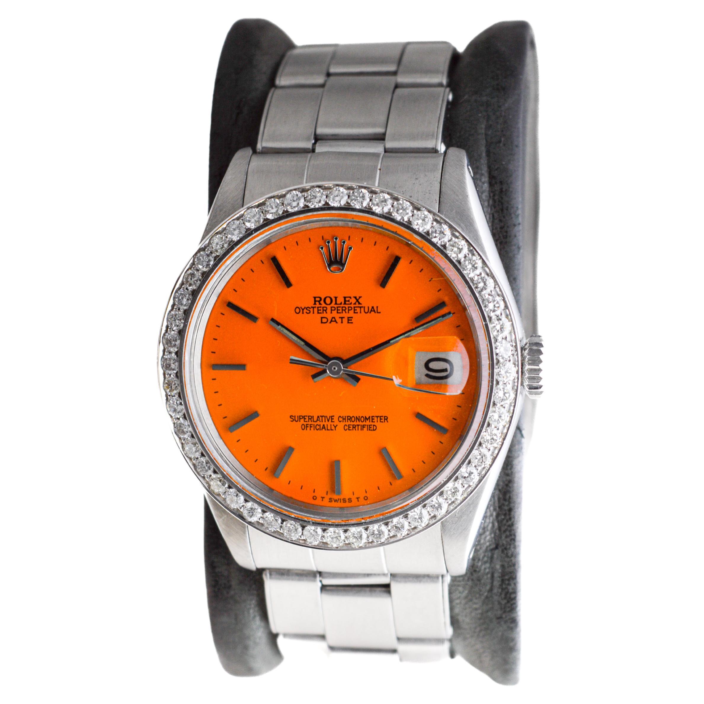 Rolex Steel Oyster Perpetual Date with Custom Orange Dial & Custom Diamond Bezel In Excellent Condition For Sale In Long Beach, CA