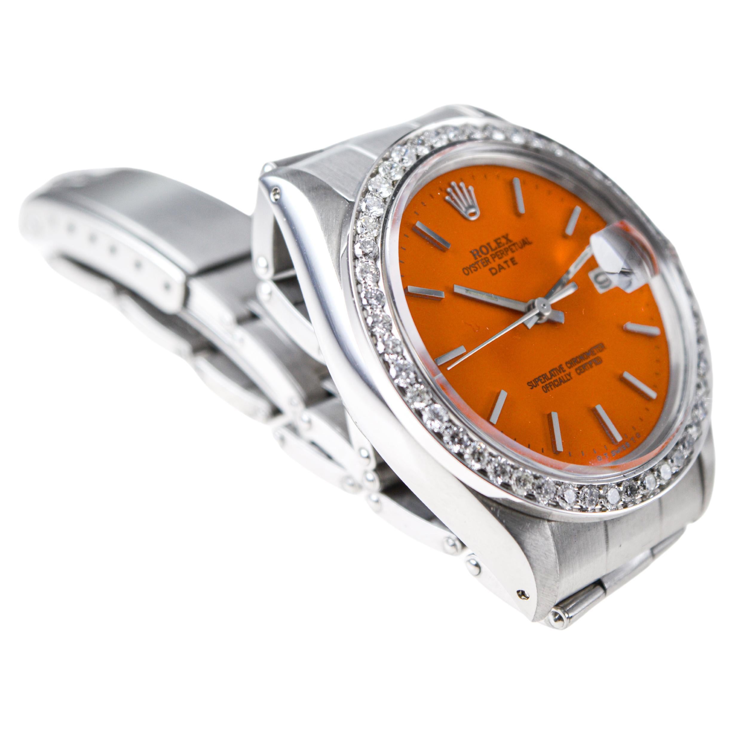 Women's or Men's Rolex Steel Oyster Perpetual Date with Custom Orange Dial & Custom Diamond Bezel For Sale