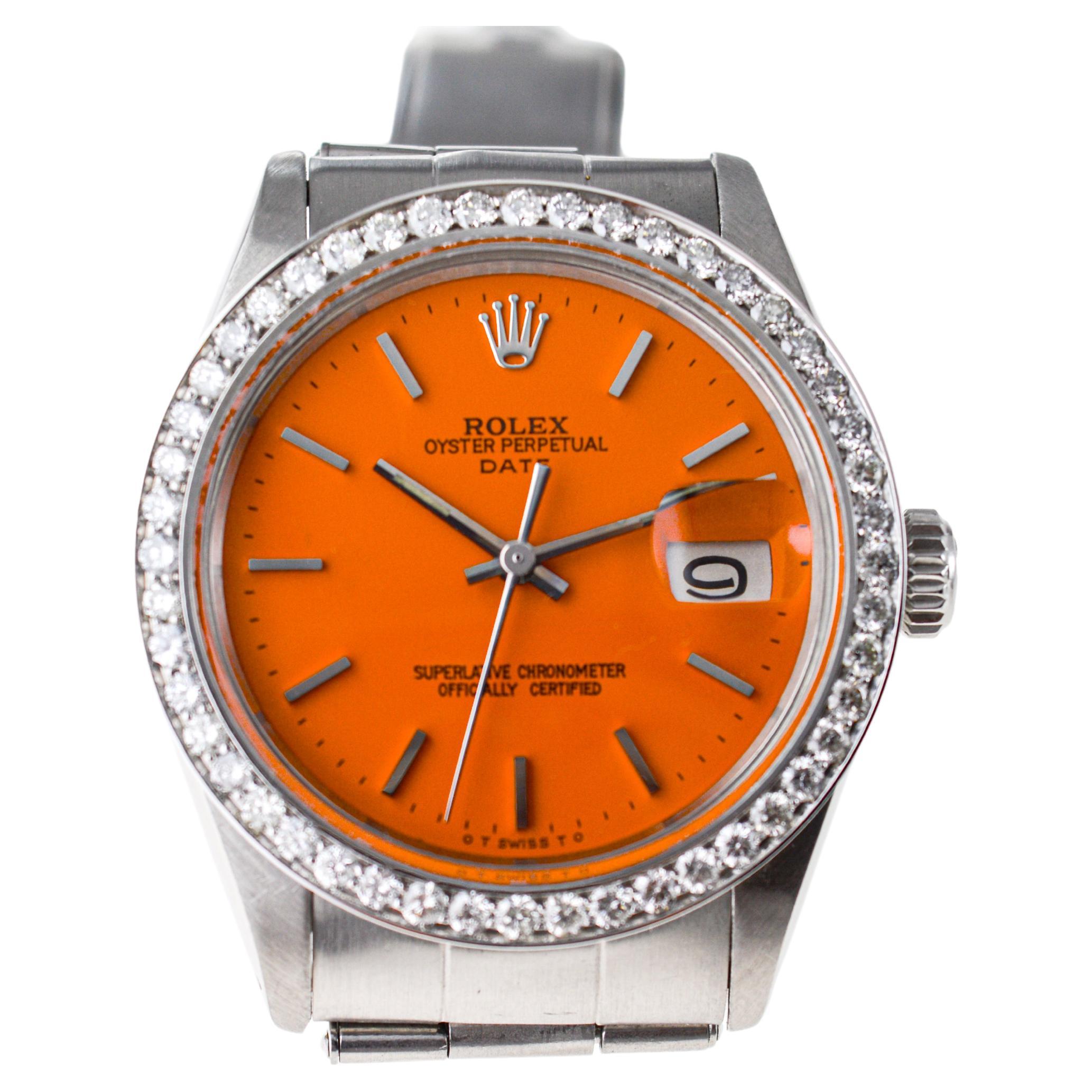 Modern Rolex Steel Oyster Perpetual Date with Custom Orange Dial & Custom Diamond Bezel For Sale