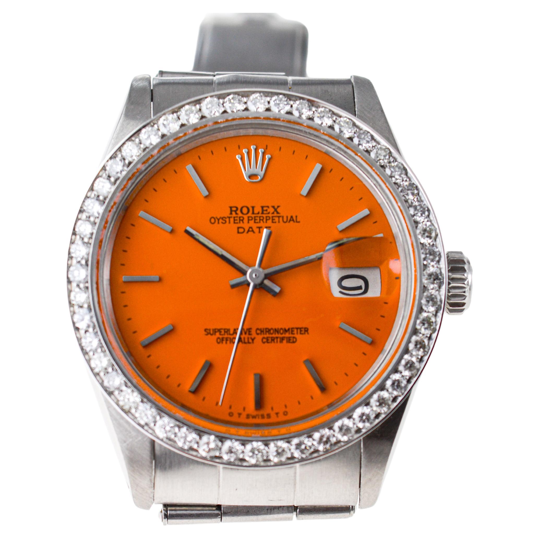 Rolex Steel Oyster Perpetual Date with Custom Orange Dial & Custom Diamond Bezel For Sale 1
