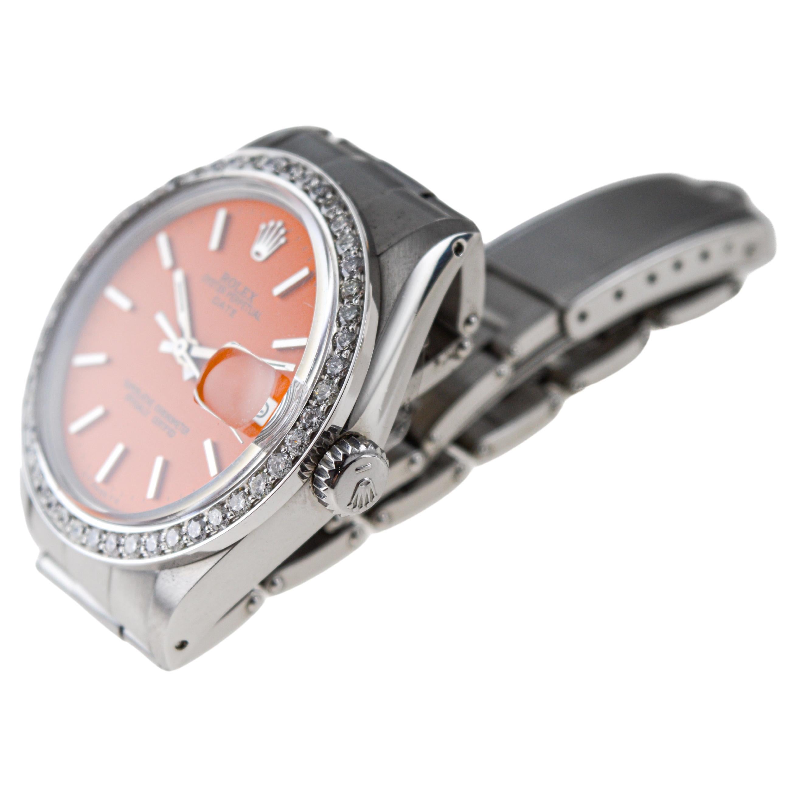 Women's or Men's Rolex Steel Oyster Perpetual Date with Custom Orange Dial & Custom Diamond Bezel For Sale