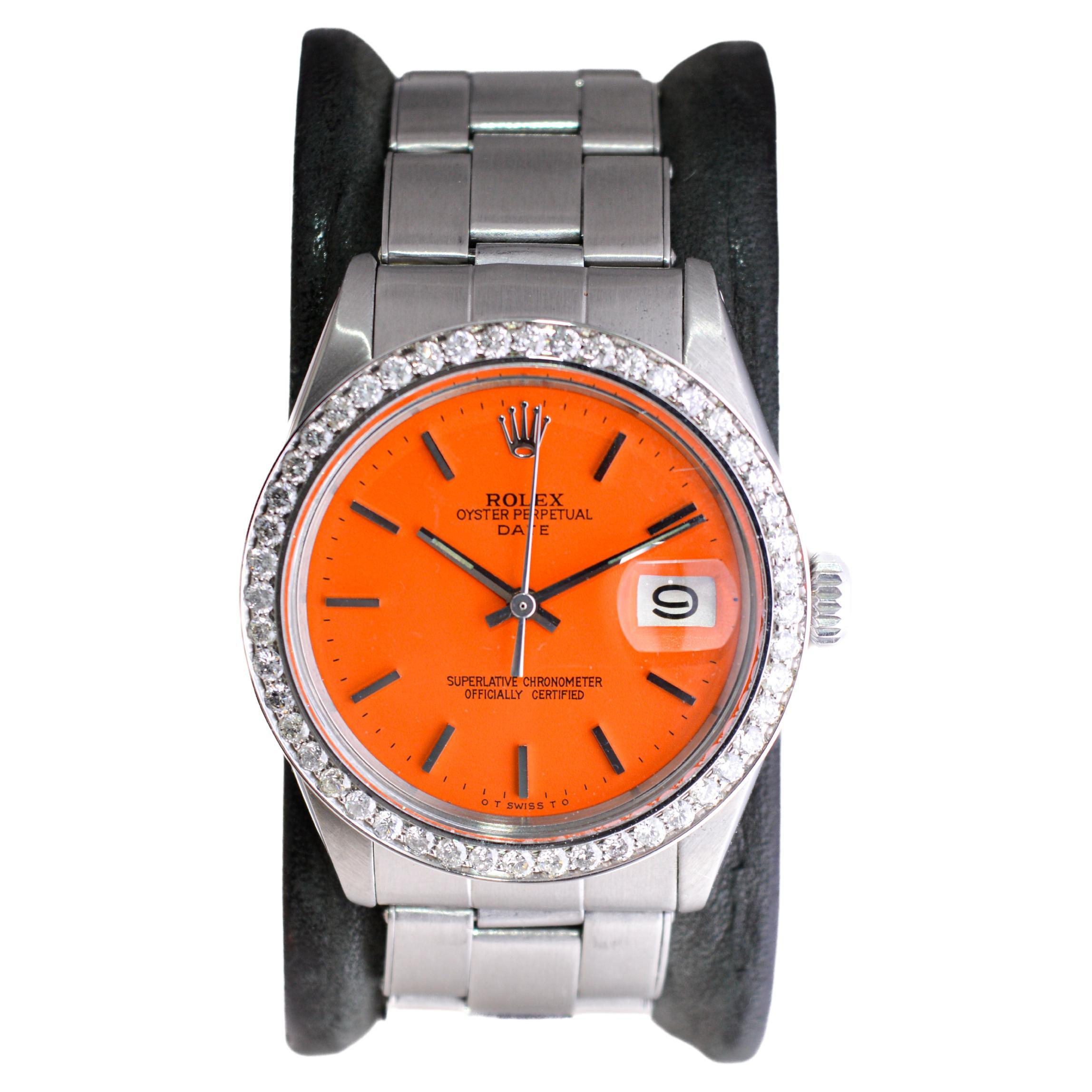 Rolex Stahl Oyster Perpetual Date mit maßgefertigtem orangefarbenem Zifferblatt und maßgefertigter Diamant-Lünette