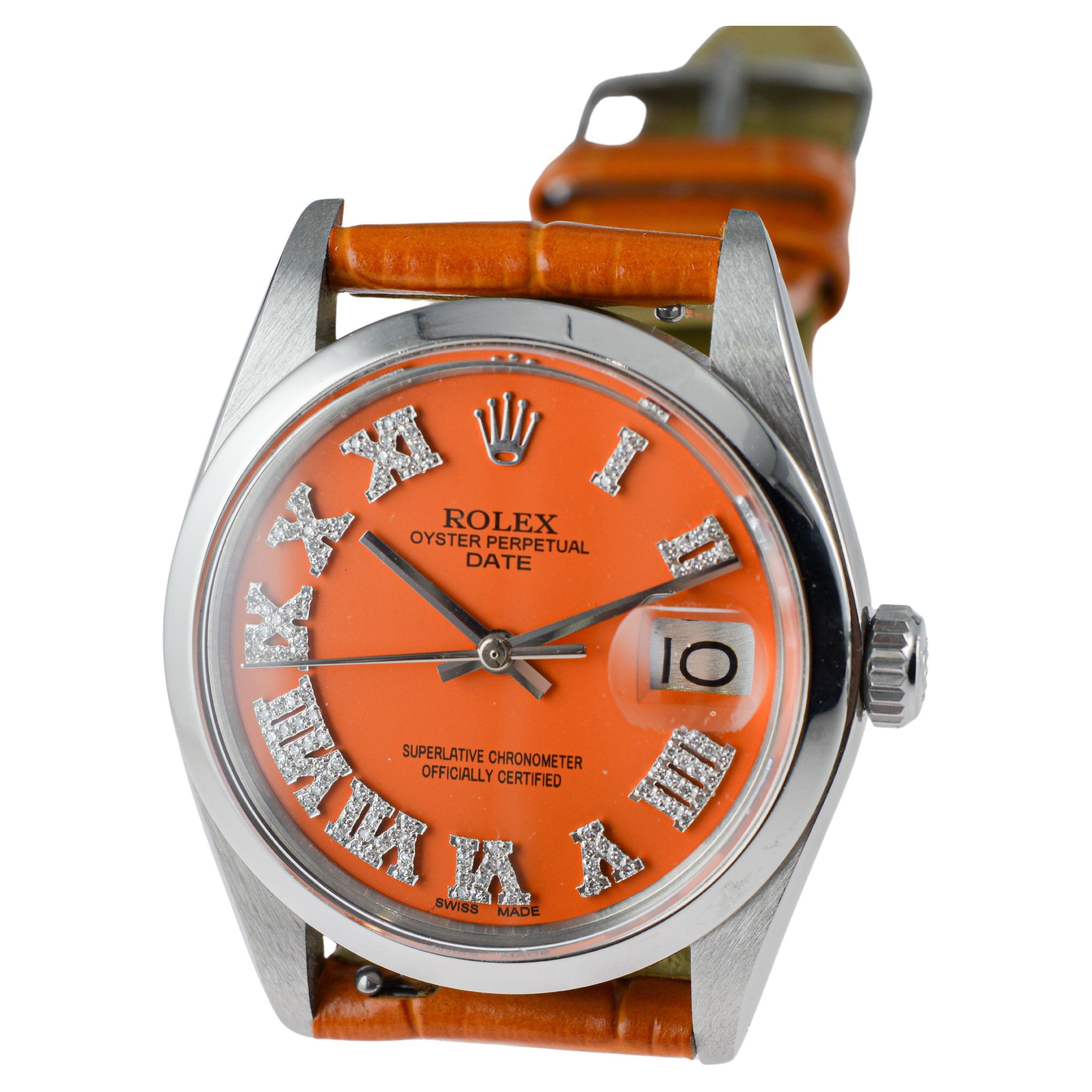 Rolex Steel Oyster Perpetual Date with Custom Orange Dial Diamond Markers 1970's For Sale 5