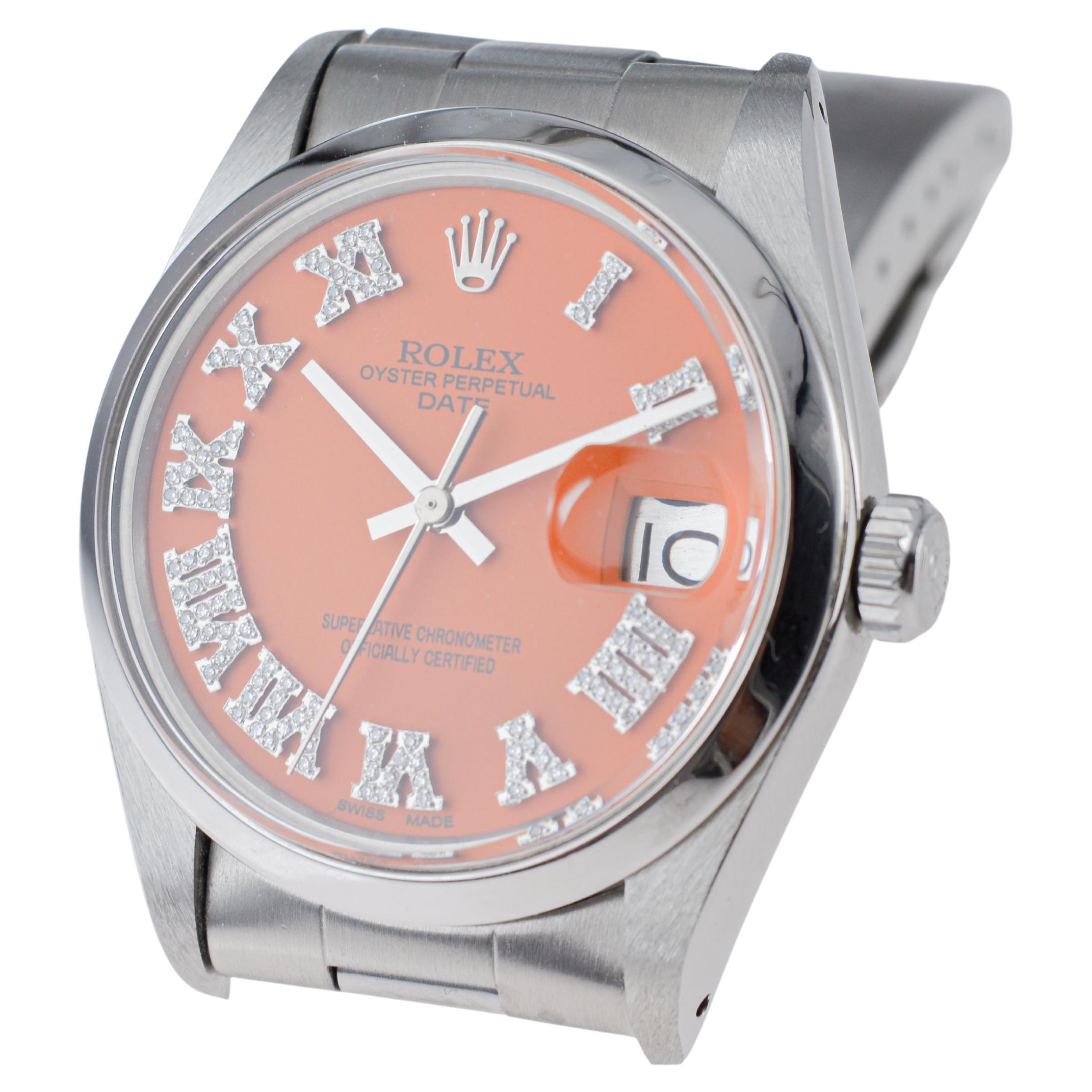 Rolex Steel Oyster Perpetual Date with Custom Orange Dial Diamond Markers 1970's im Angebot 5