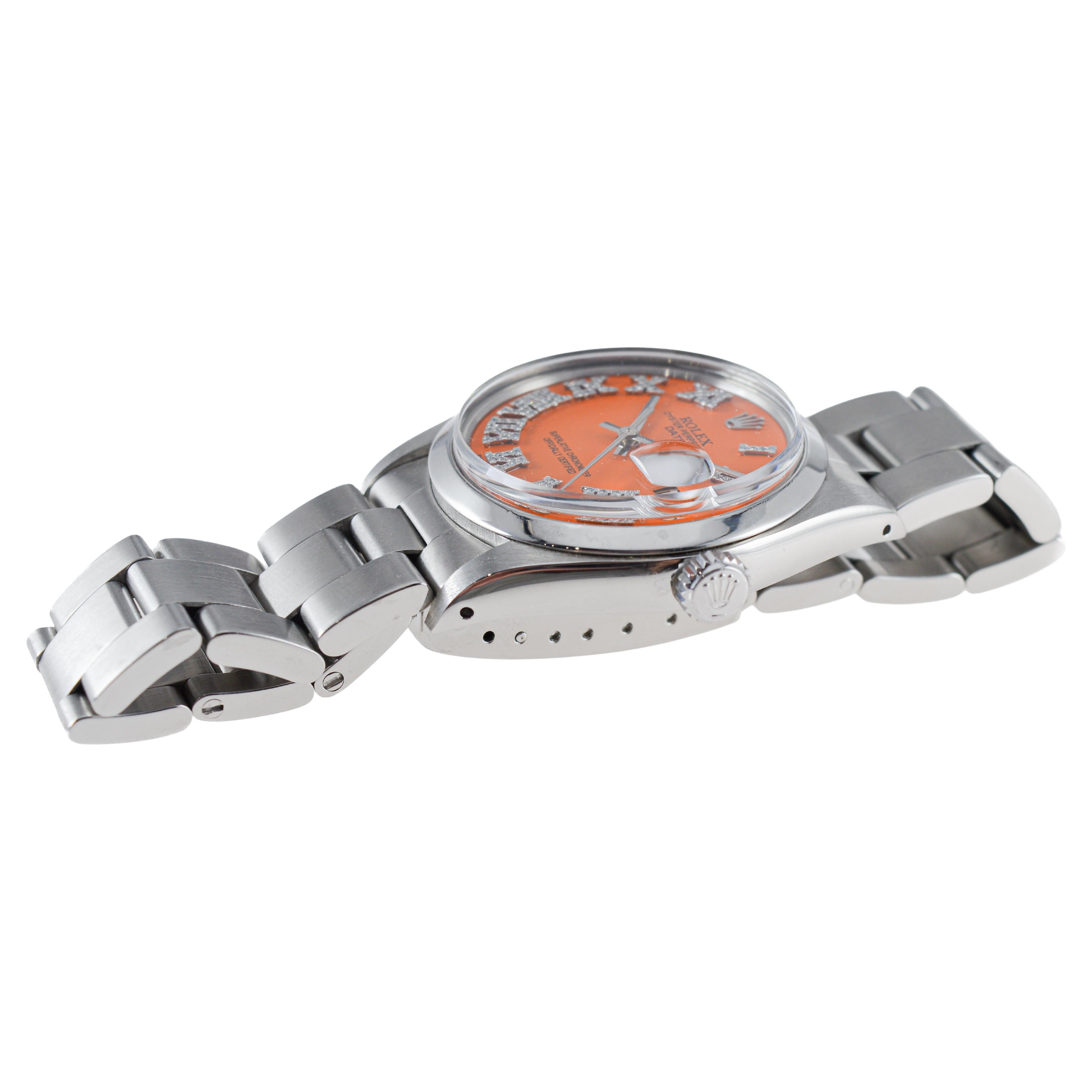 Rolex Steel Oyster Perpetual Date with Custom Orange Dial Diamond Markers 1970's im Angebot 6