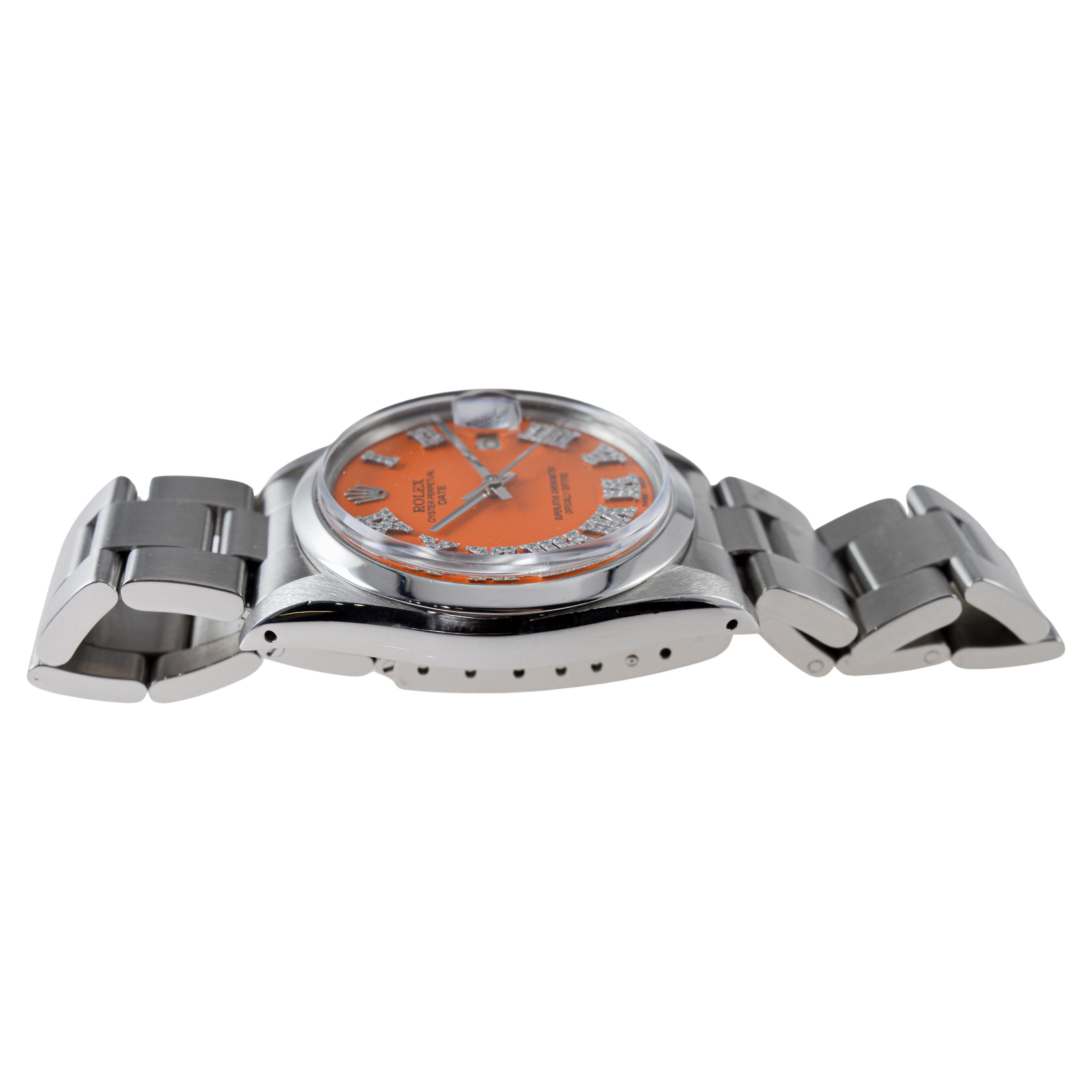 Rolex Steel Oyster Perpetual Date with Custom Orange Dial Diamond Markers 1970's im Angebot 7