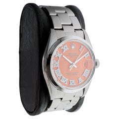Rolex Steel Oyster Perpetual Date with Custom Orange Dial Diamond Markers 1970's
