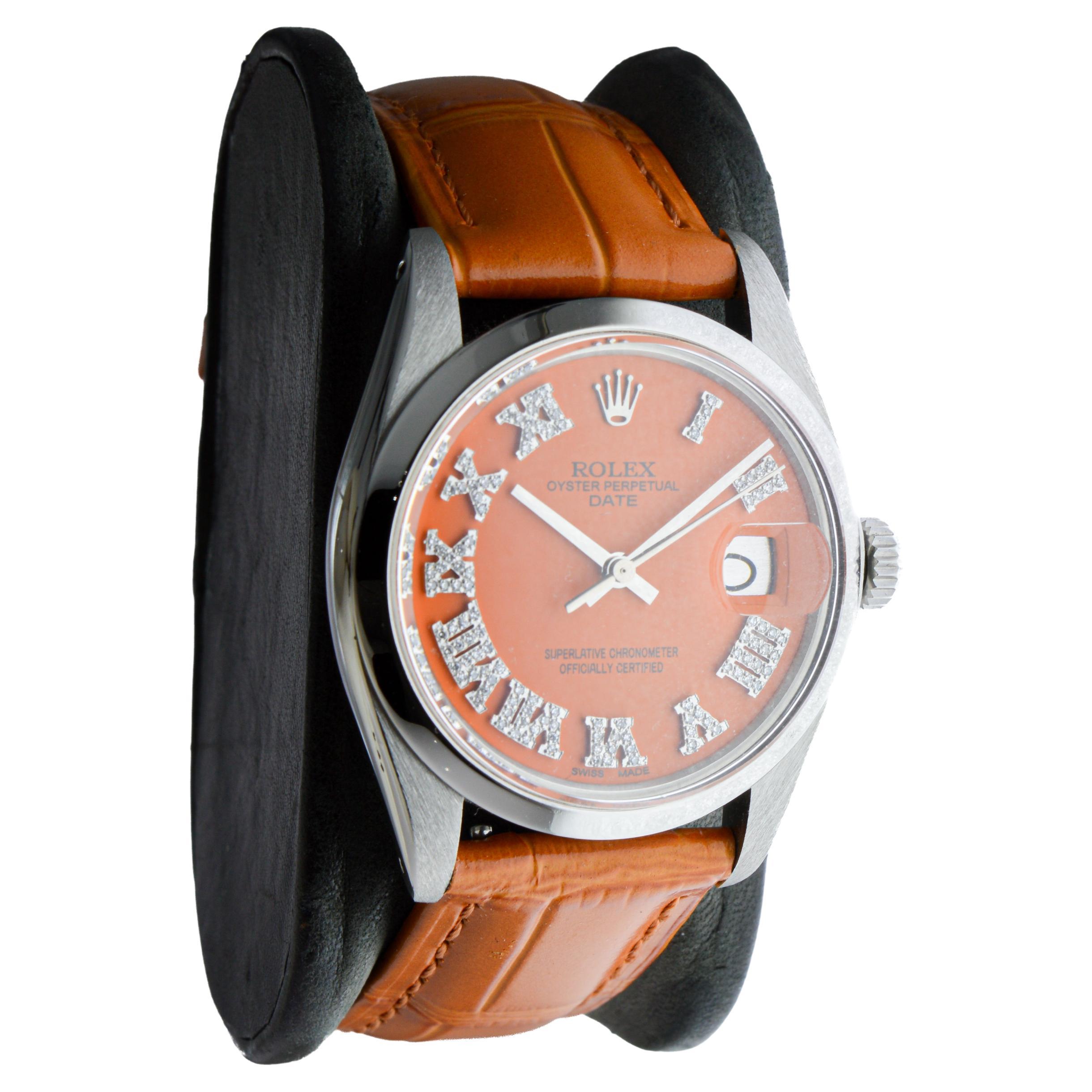 Modern Rolex Steel Oyster Perpetual Date with Custom Orange Dial Diamond Markers 1970's For Sale