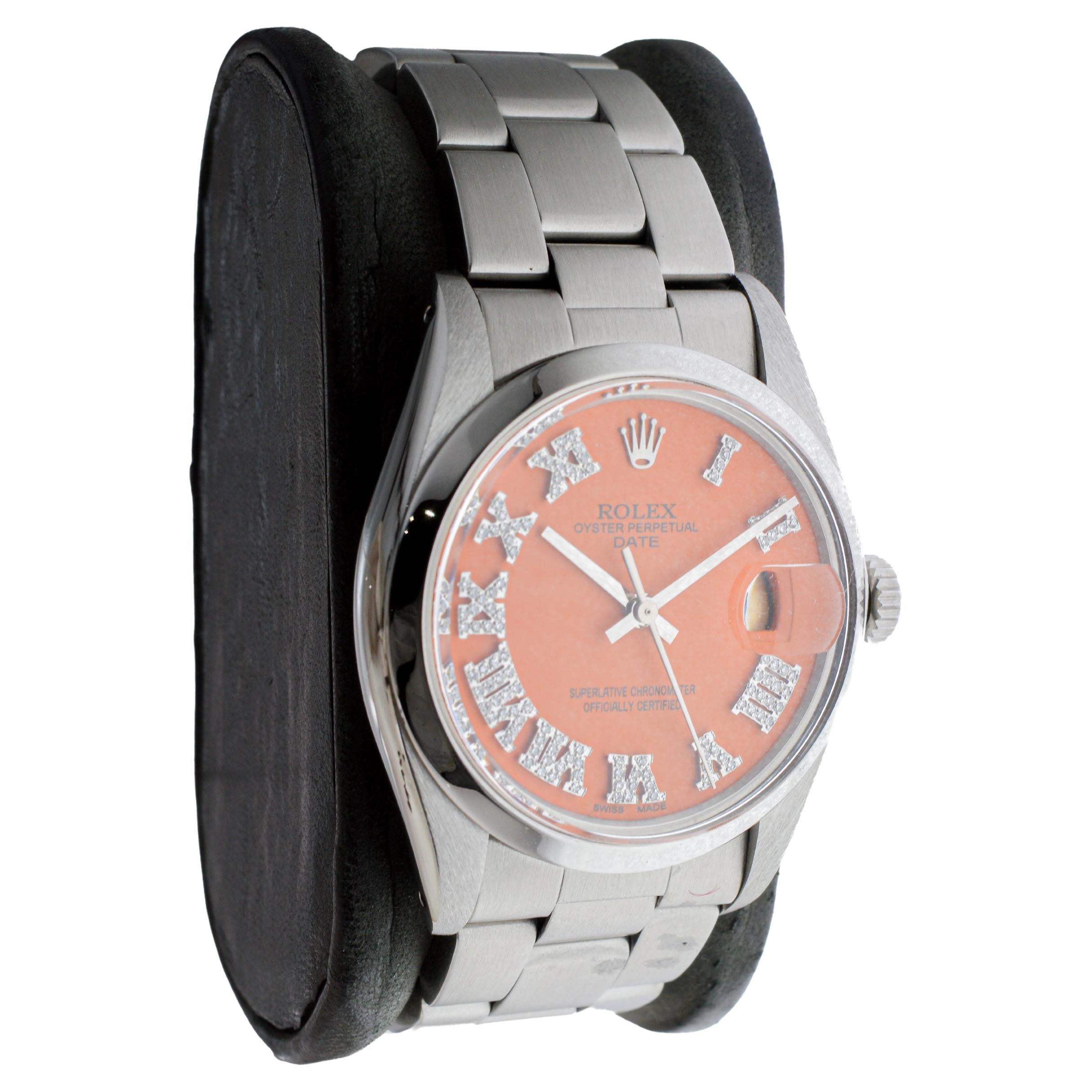 Rolex Steel Oyster Perpetual Date with Custom Orange Dial Diamond Markers 1970's (Moderne) im Angebot