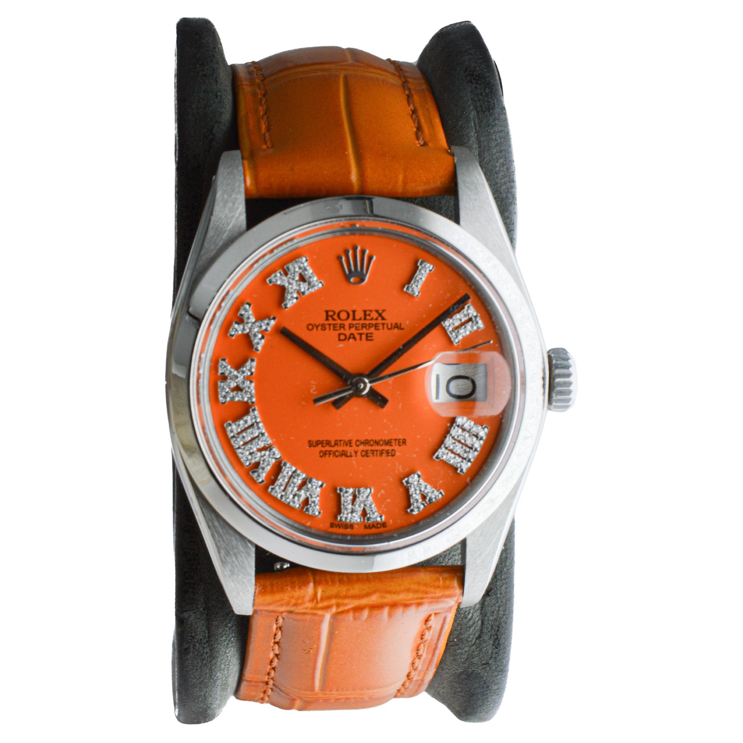 Rolex Steel Oyster Perpetual Date with Custom Orange Dial Diamond Markers 1970's In Excellent Condition For Sale In Long Beach, CA