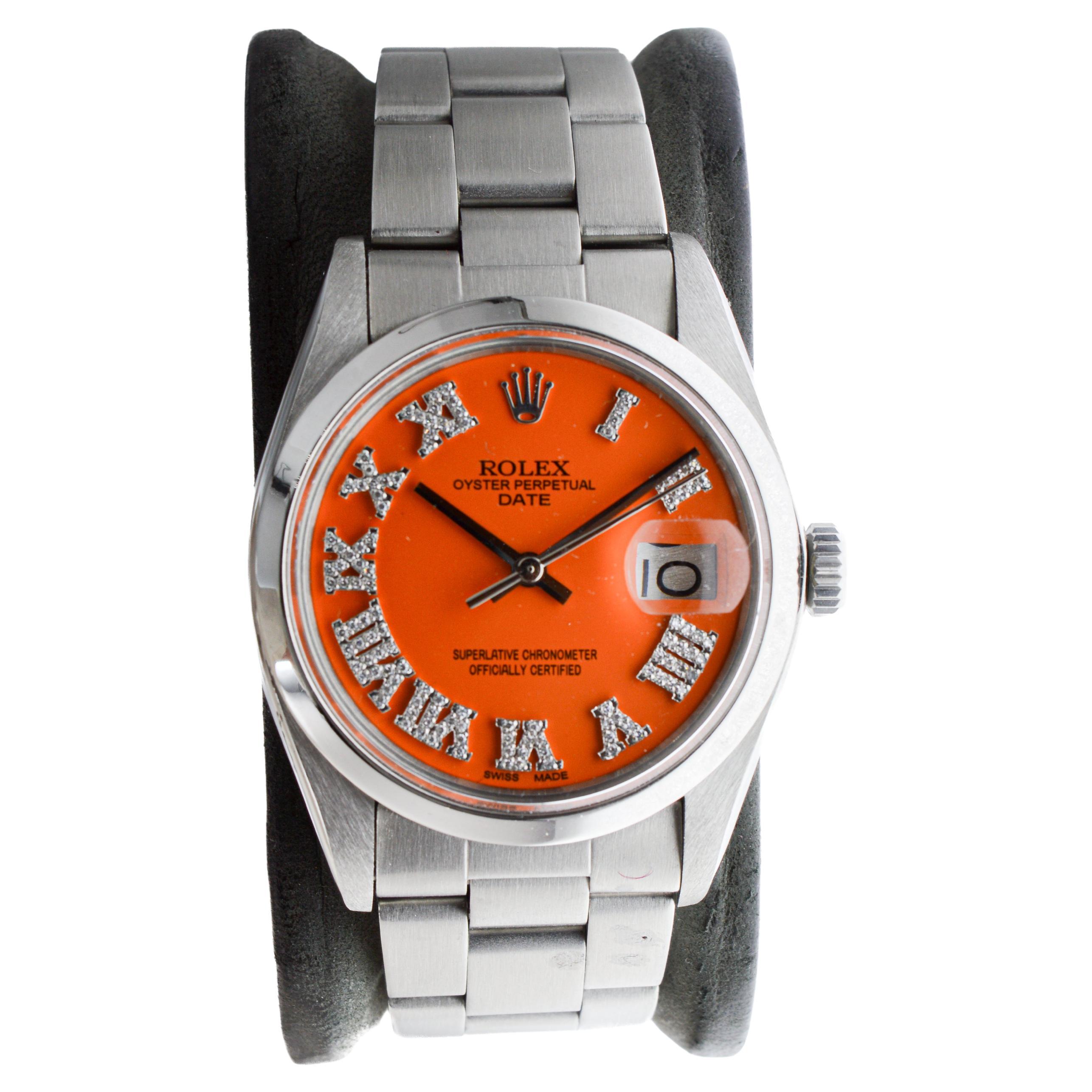 Rolex Steel Oyster Perpetual Date with Custom Orange Dial Diamond Markers 1970's im Zustand „Hervorragend“ im Angebot in Long Beach, CA