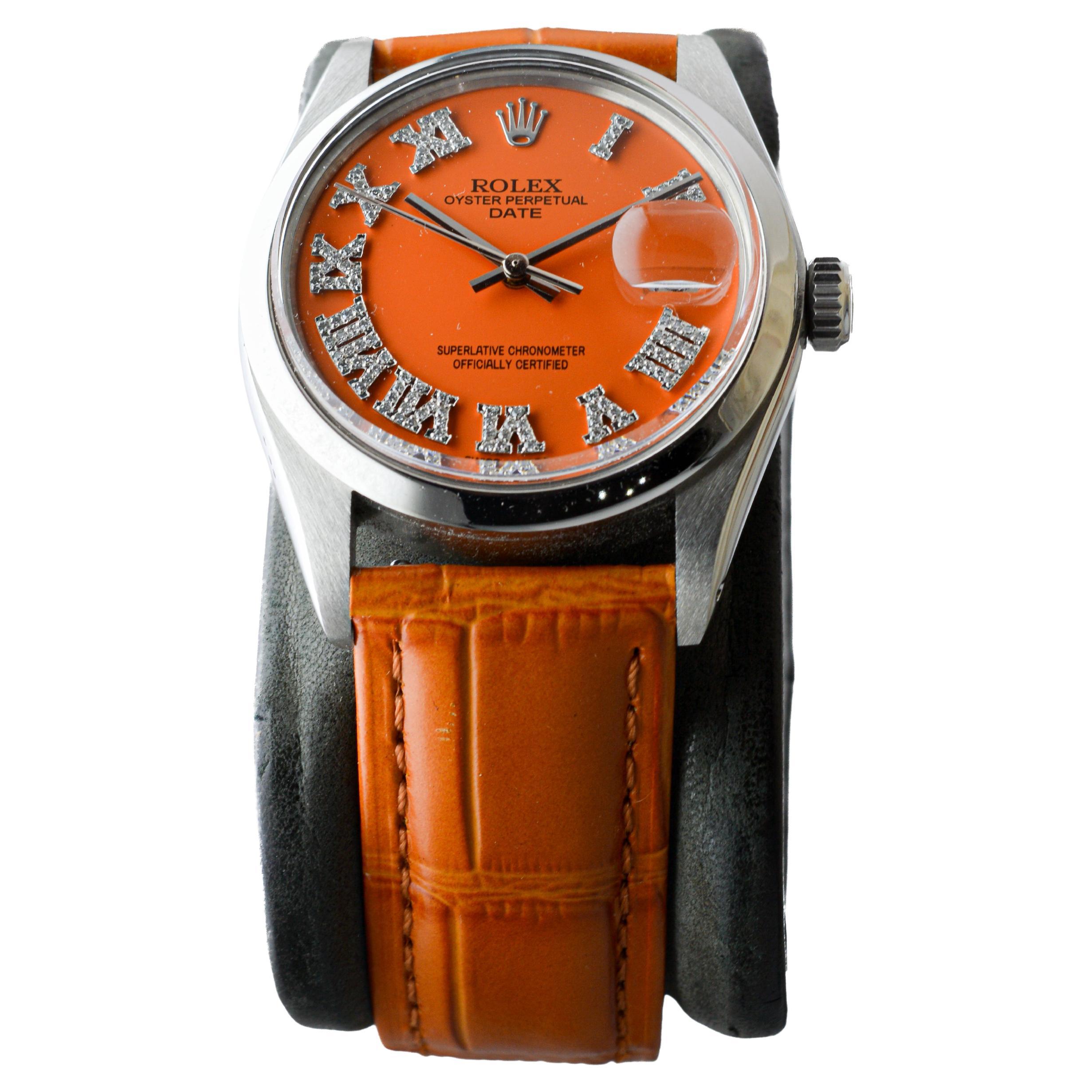Women's or Men's Rolex Steel Oyster Perpetual Date with Custom Orange Dial Diamond Markers 1970's For Sale