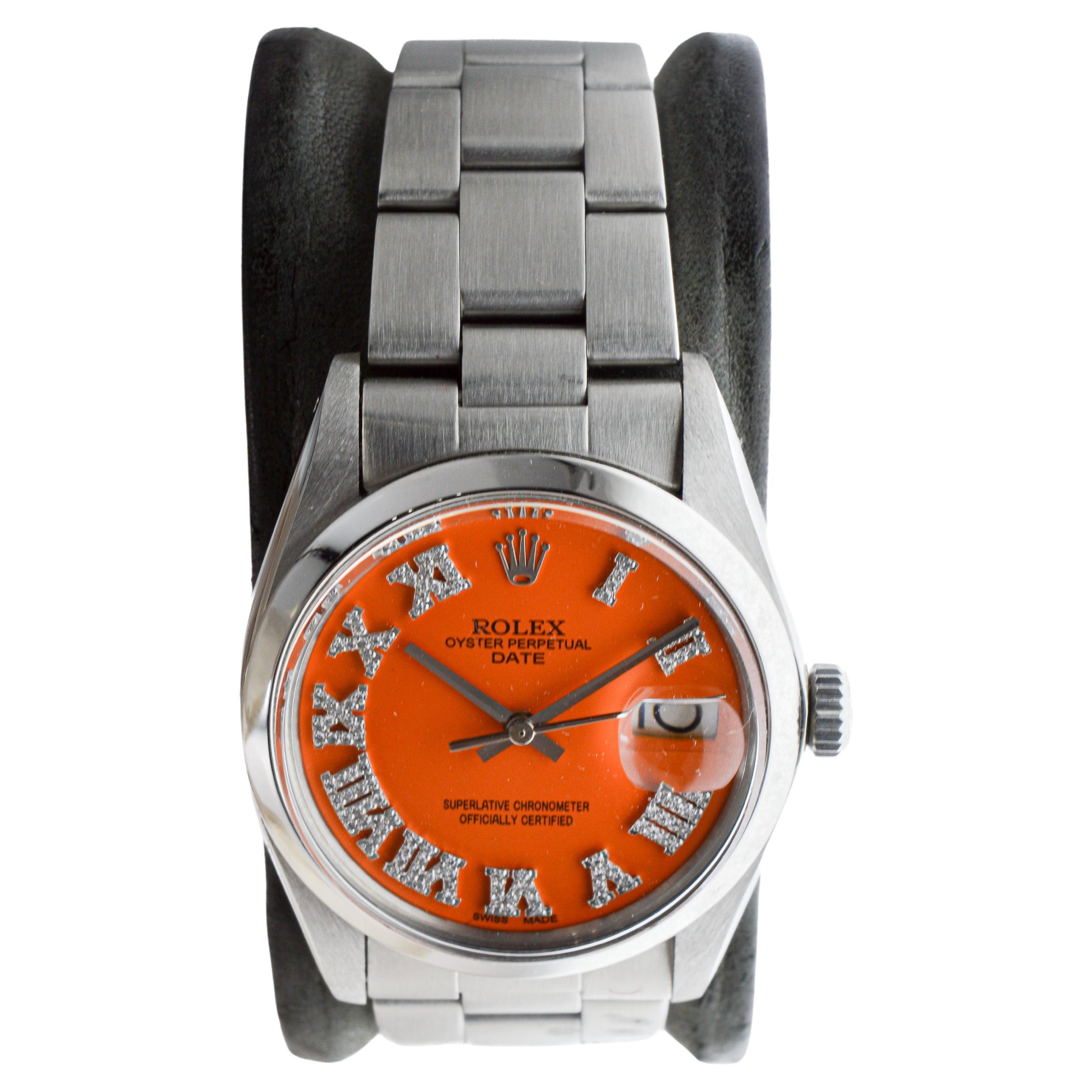 Rolex Steel Oyster Perpetual Date with Custom Orange Dial Diamond Markers 1970's für Damen oder Herren im Angebot