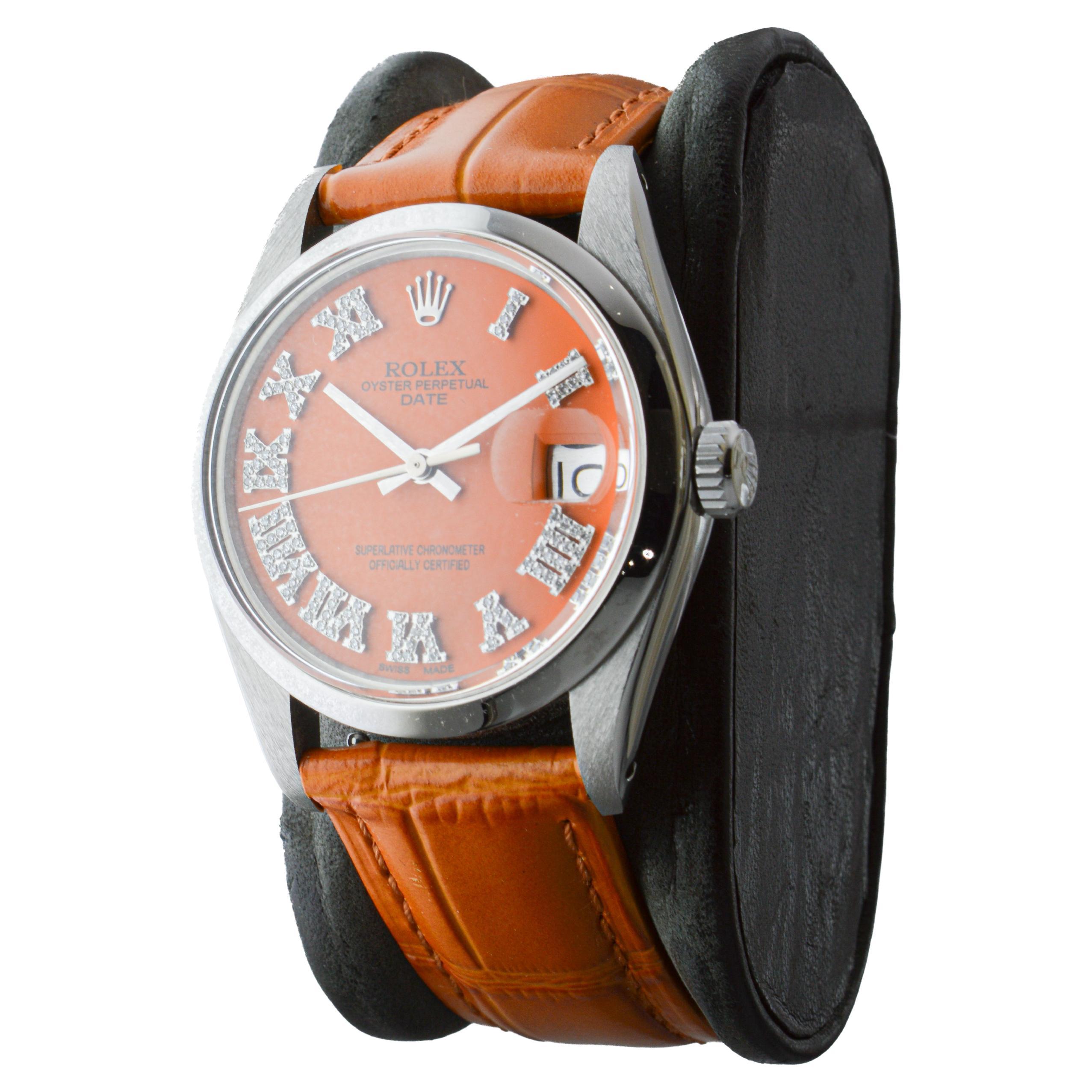 Rolex Steel Oyster Perpetual Date with Custom Orange Dial Diamond Markers 1970's For Sale 1