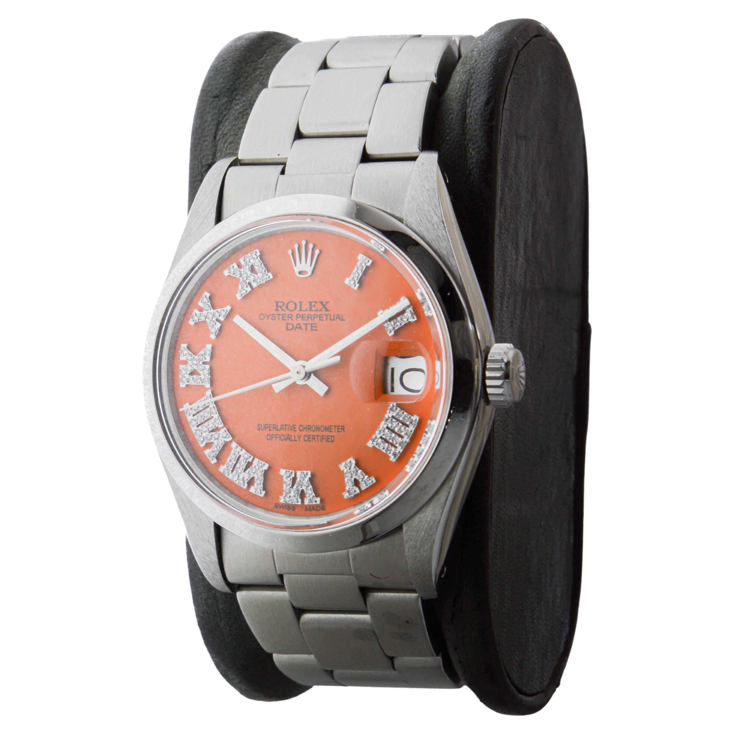 Rolex Steel Oyster Perpetual Date with Custom Orange Dial Diamond Markers 1970's im Angebot 1