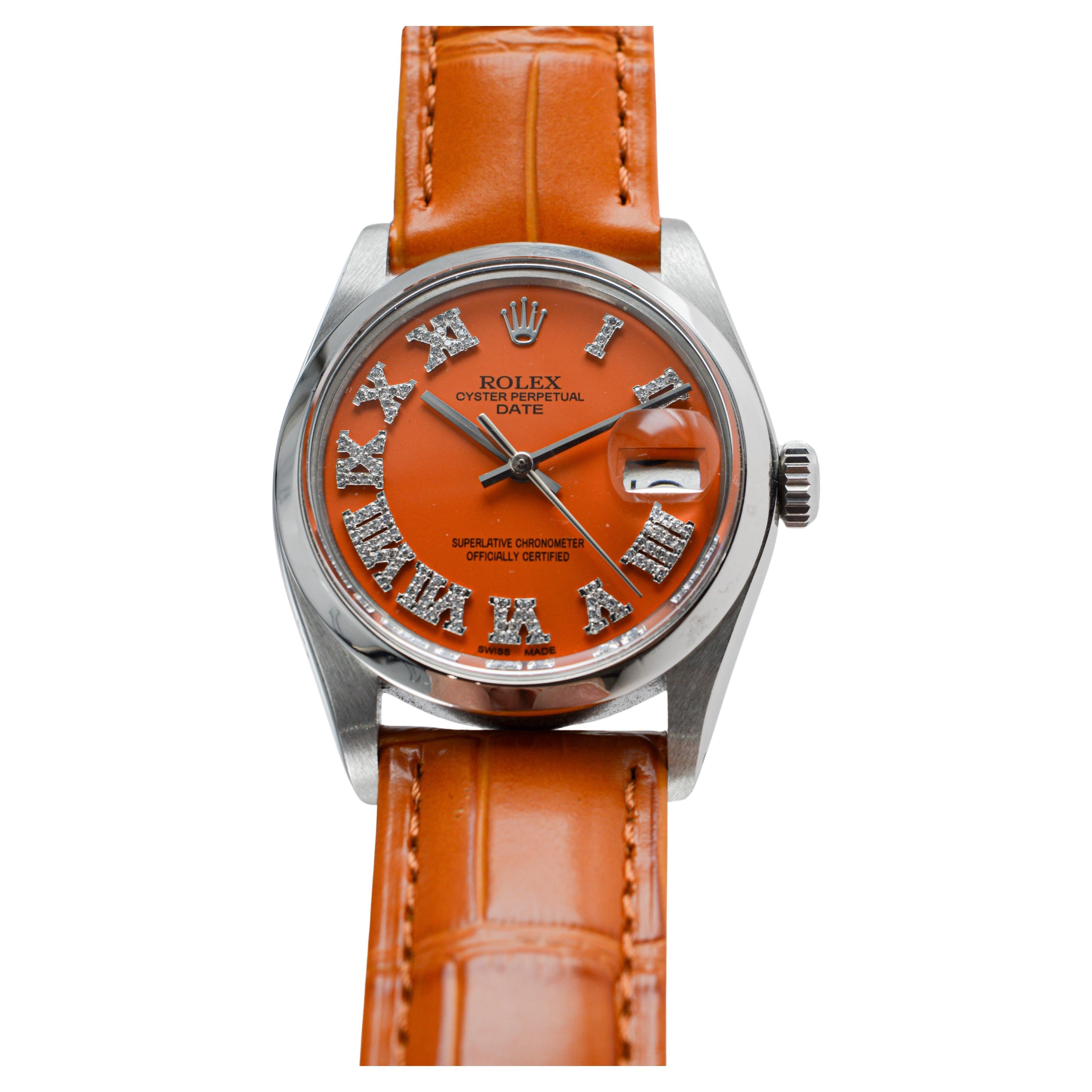 Rolex Steel Oyster Perpetual Date with Custom Orange Dial Diamond Markers 1970's For Sale 2