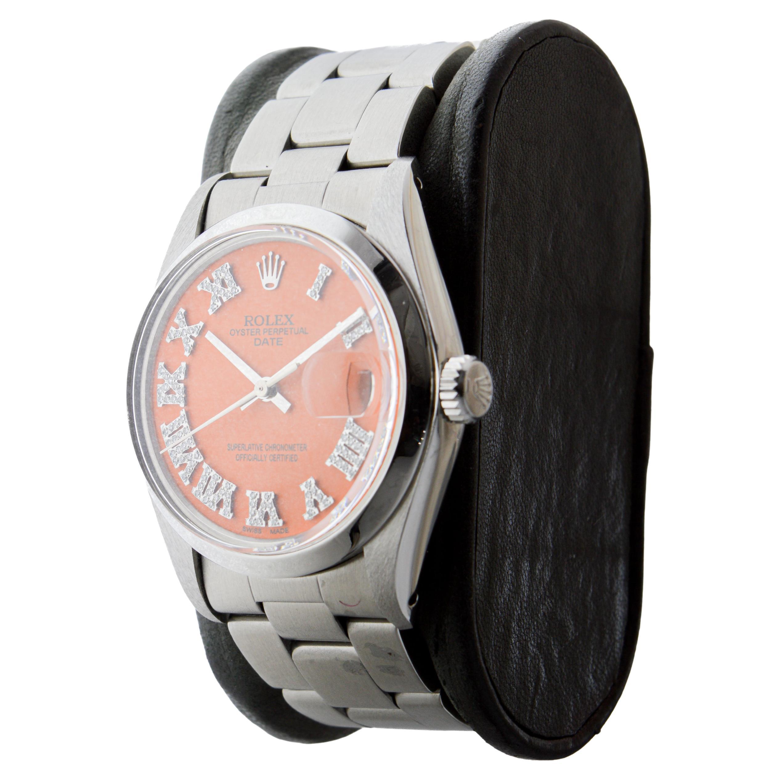 Rolex Steel Oyster Perpetual Date with Custom Orange Dial Diamond Markers 1970's im Angebot 2