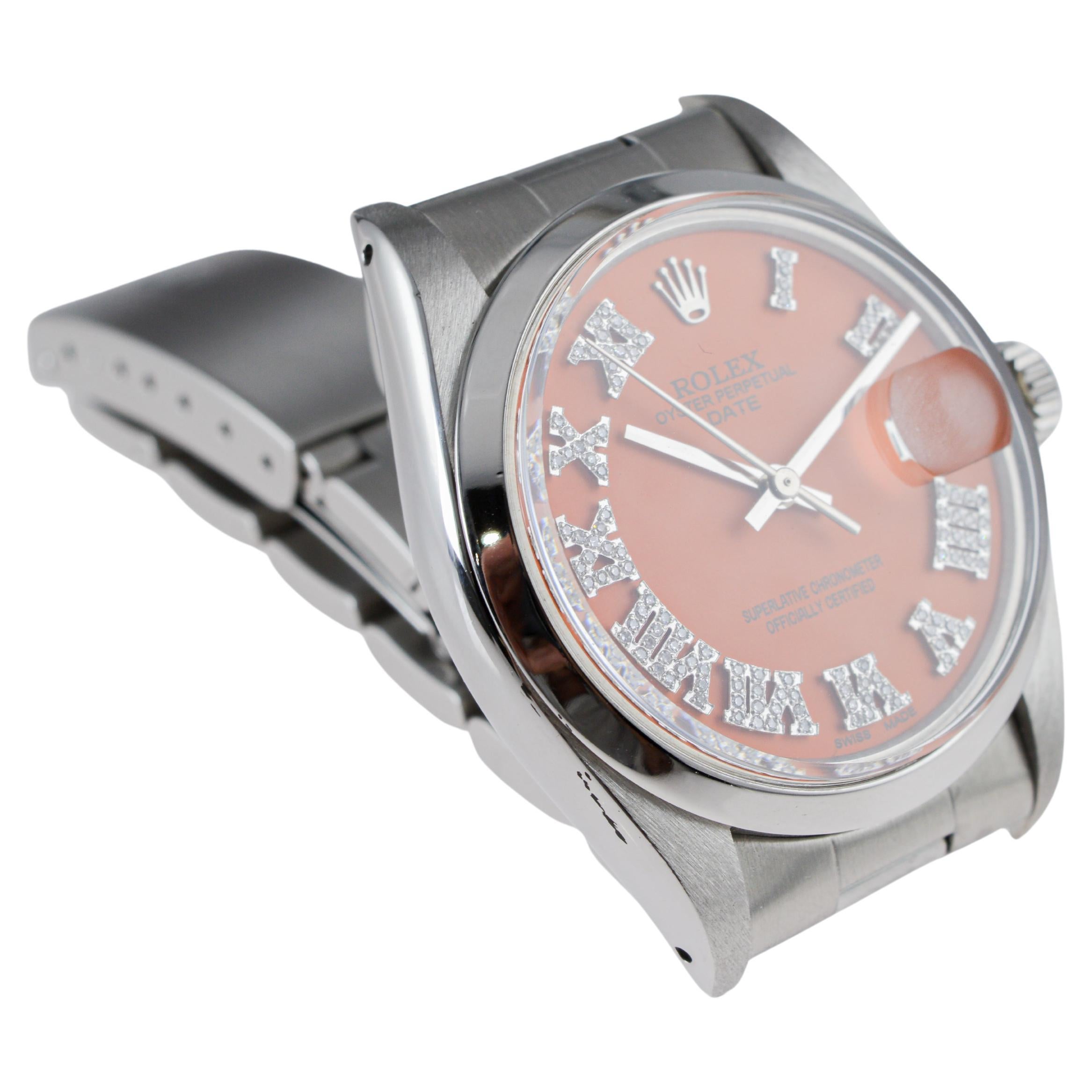 Rolex Steel Oyster Perpetual Date with Custom Orange Dial Diamond Markers 1970's im Angebot 3