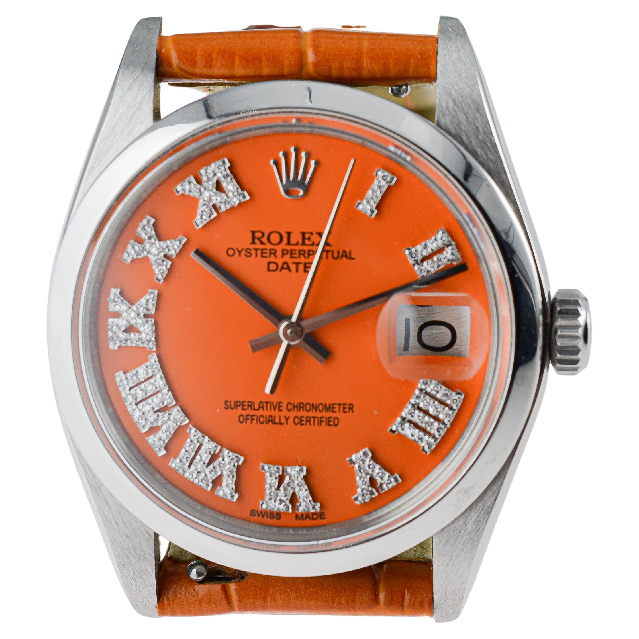 Rolex Steel Oyster Perpetual Date with Custom Orange Dial Diamond Markers 1970's For Sale 4