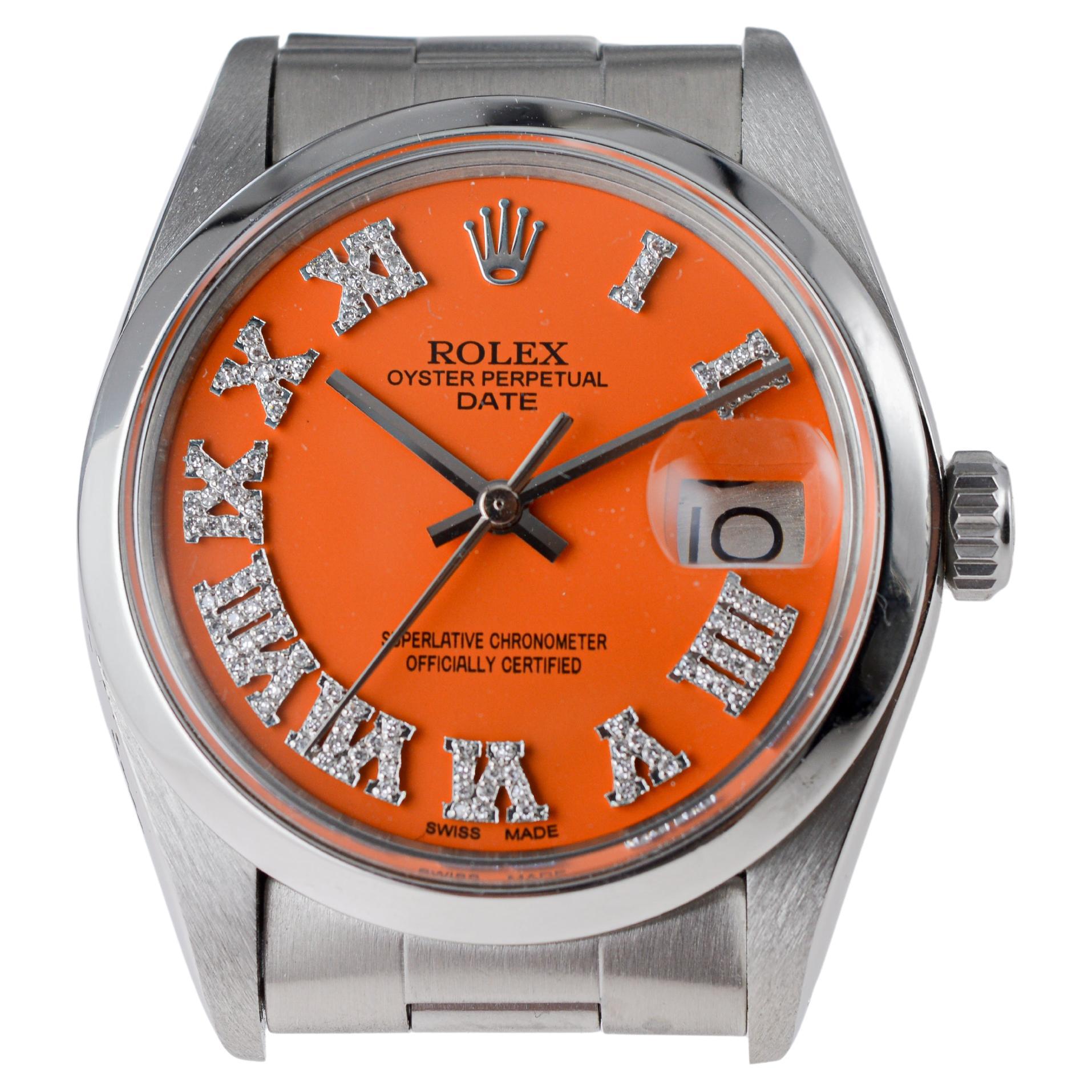 Rolex Steel Oyster Perpetual Date with Custom Orange Dial Diamond Markers 1970's im Angebot 4