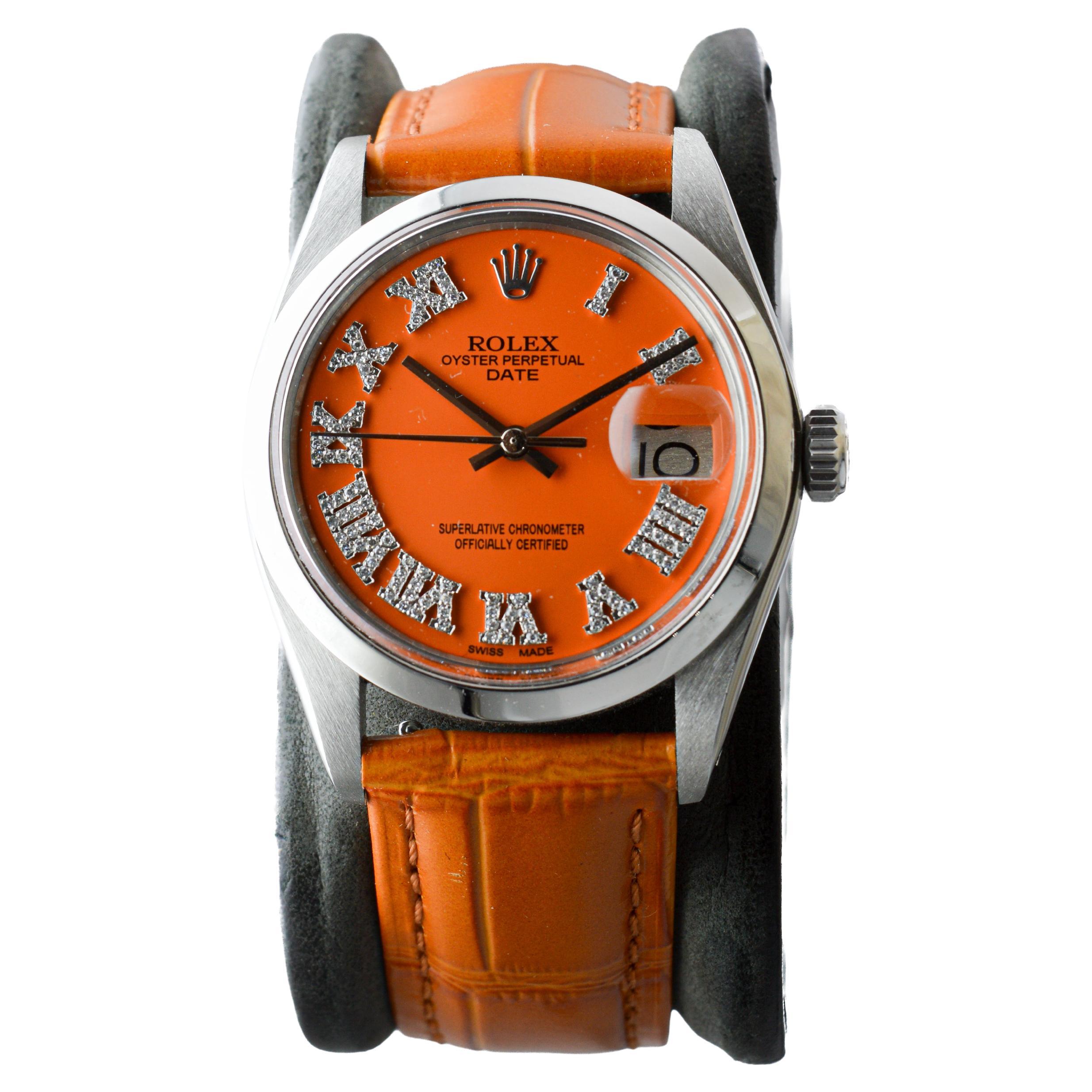 Rolex Steel Oyster Perpetual Date with Custom Orange Dial Diamond Markers 1970's For Sale