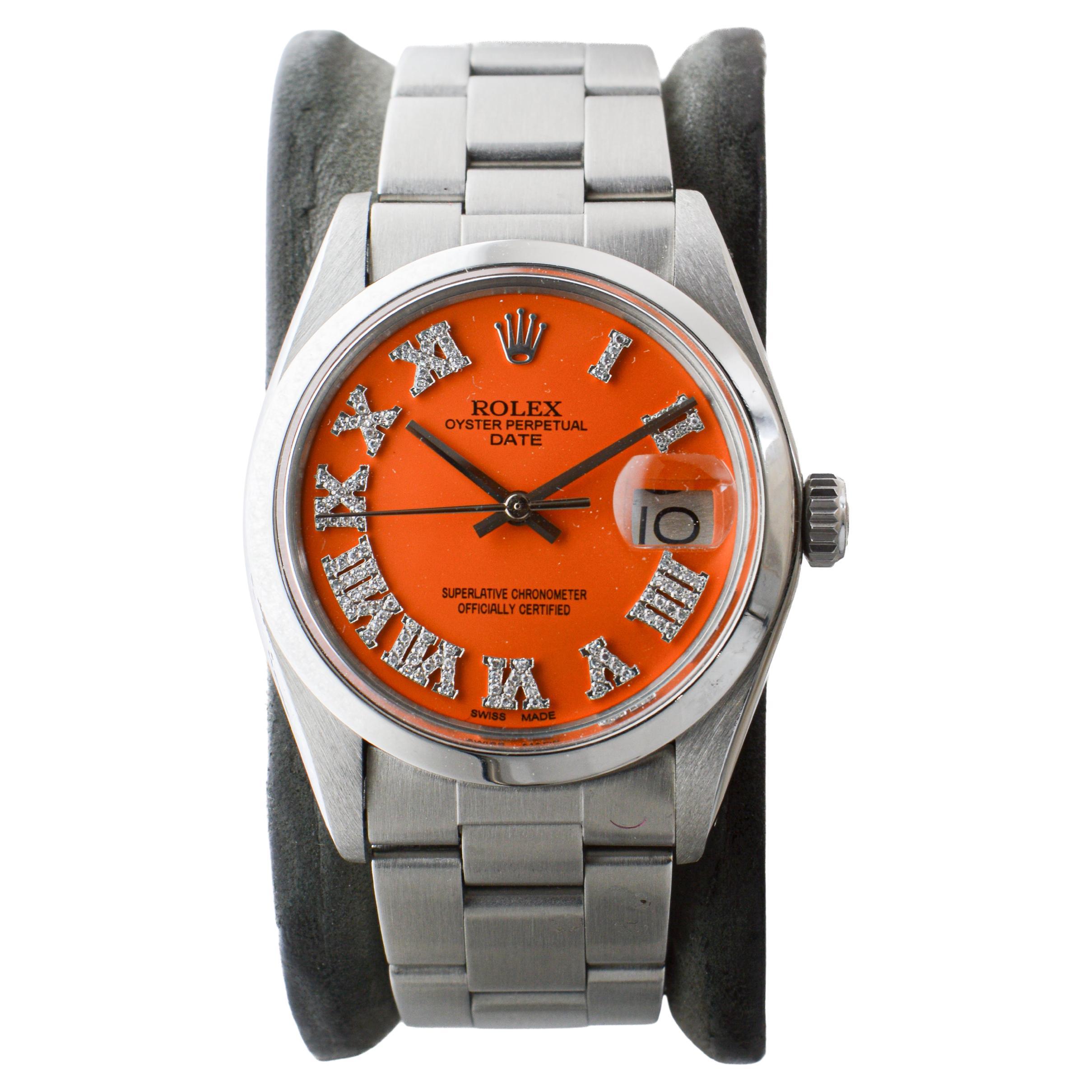 Rolex Steel Oyster Perpetual Date with Custom Orange Dial Diamond Markers 1970's