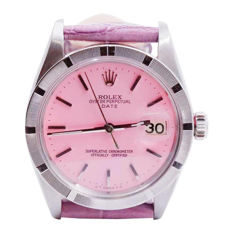 Rolex Steel Oyster Perpetual Date with Custom Pink Dial from 1960''s In Excellent Condition For Sale In Long Beach, CA