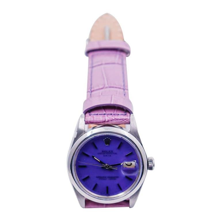 Modernist Rolex Steel Oyster Perpetual Date with Custom Purple Dial, 1970's For Sale