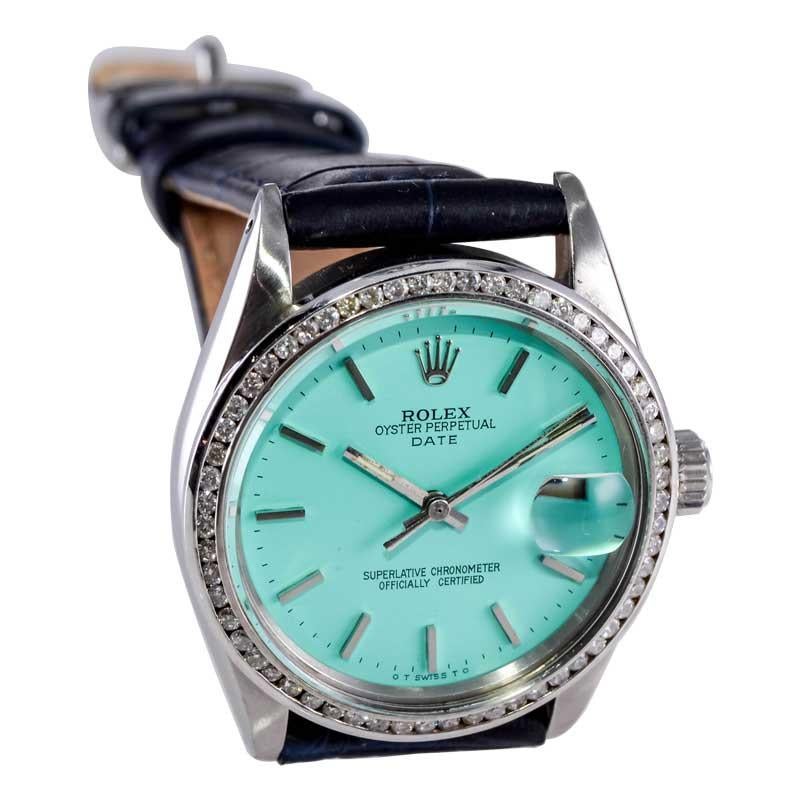 Rolex Steel Oyster Perpetual Date with Custom Blue Dial Early 1970's For Sale 5