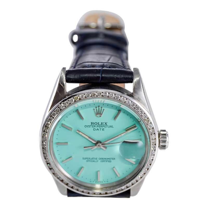 Rolex Steel Oyster Perpetual Date with Custom Blue Dial Early 1970's For Sale 6