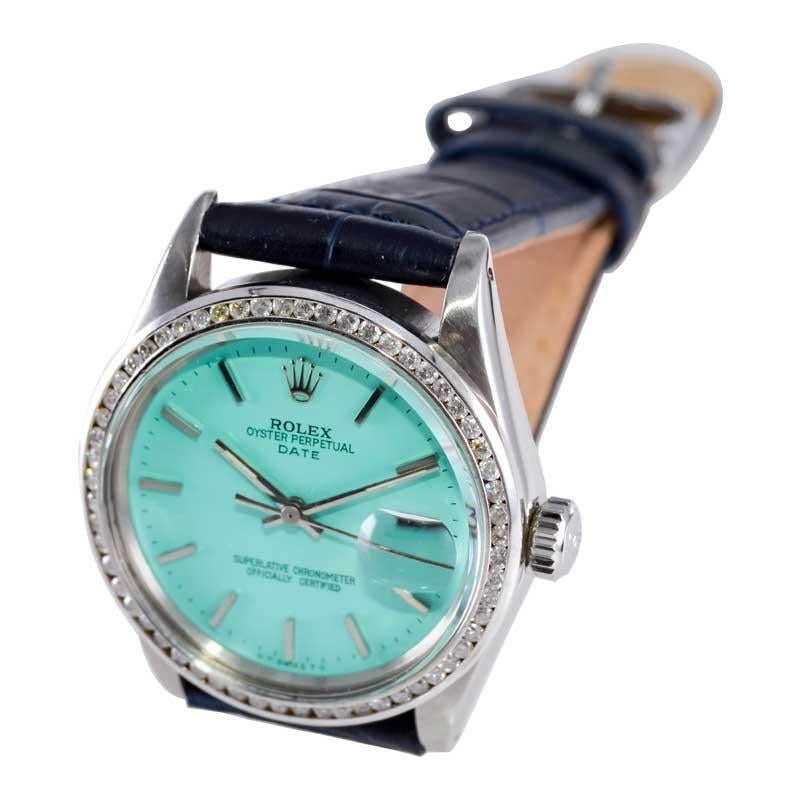 Rolex Steel Oyster Perpetual Date with Custom Blue Dial Early 1970's For Sale 7