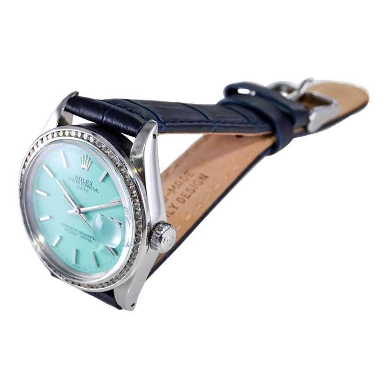 Rolex Steel Oyster Perpetual Date with Custom Blue Dial Early 1970's For Sale 8