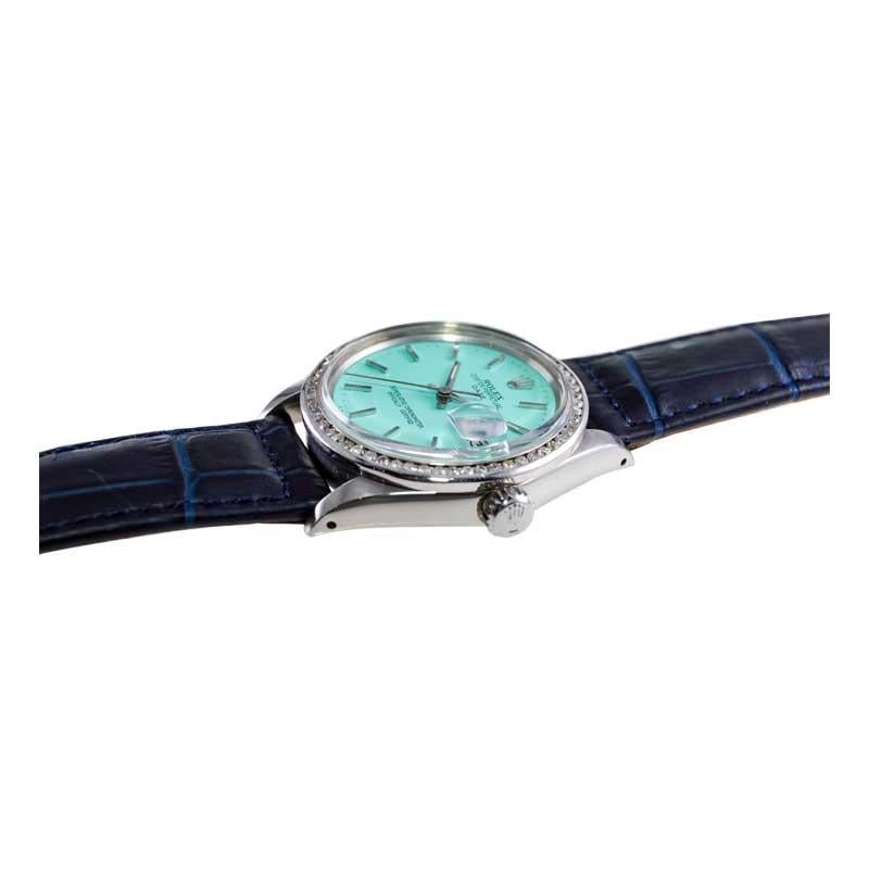 Rolex Steel Oyster Perpetual Date with Custom Blue Dial Early 1970's For Sale 9