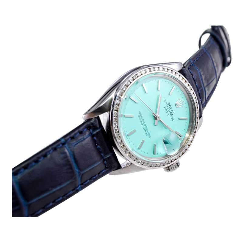 Rolex Steel Oyster Perpetual Date with Custom Blue Dial Early 1970's For Sale 10