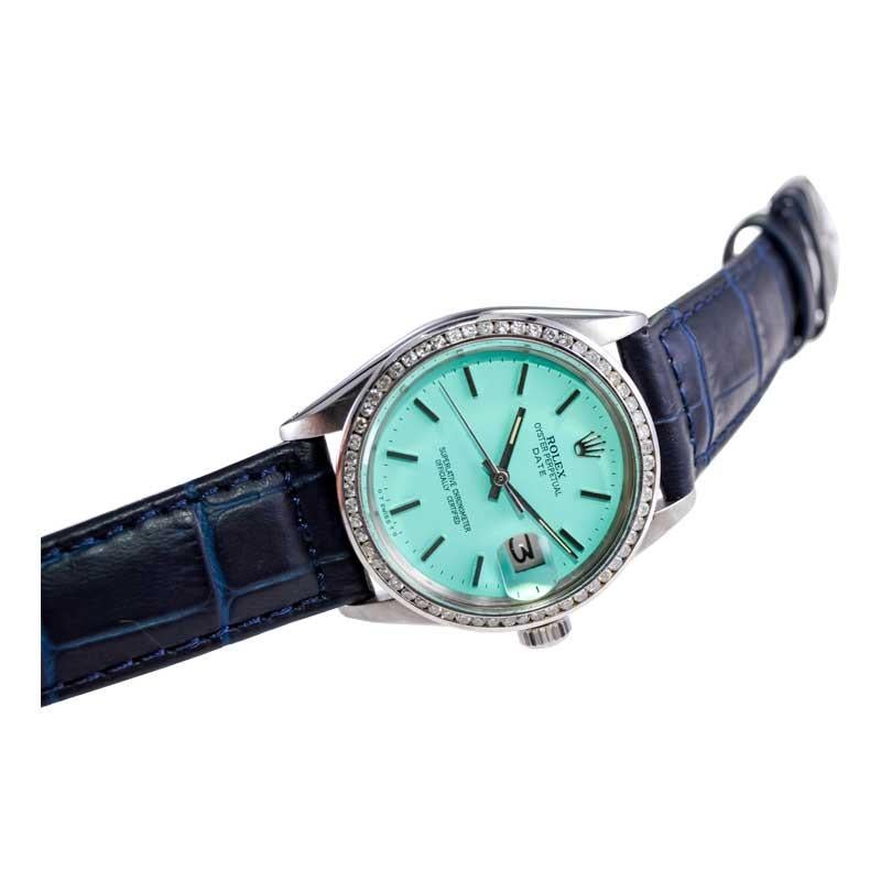 Rolex Steel Oyster Perpetual Date with Custom Blue Dial Early 1970's For Sale 11