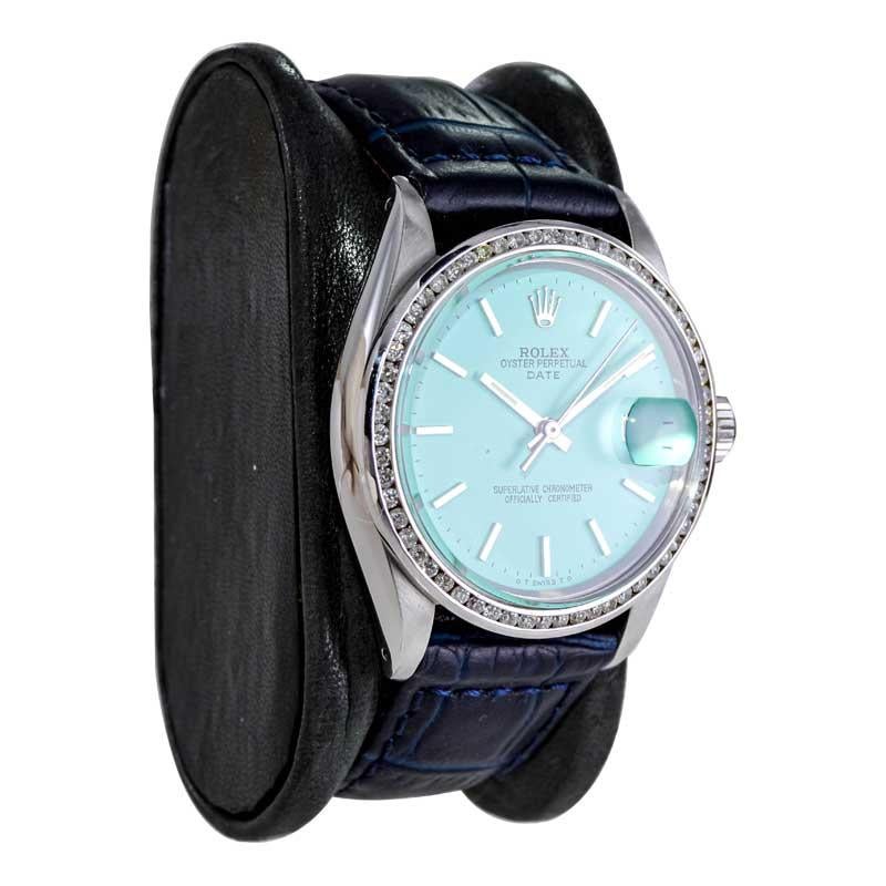 Rolex Steel Oyster Perpetual Date with Custom Blue Dial Early 1970's In Excellent Condition For Sale In Long Beach, CA