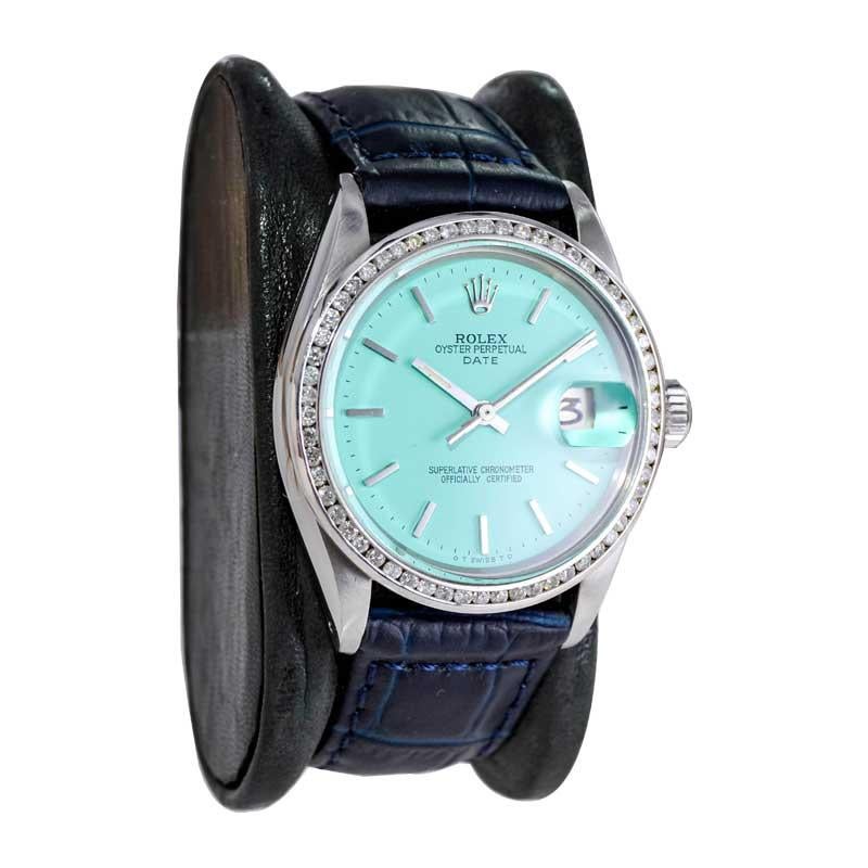 Women's or Men's Rolex Steel Oyster Perpetual Date with Custom Blue Dial Early 1970's For Sale