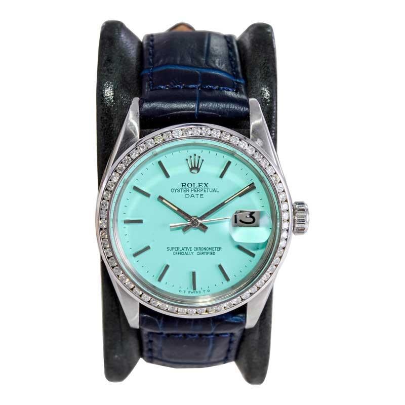 Rolex Steel Oyster Perpetual Date with Custom Blue Dial Early 1970's For Sale 1