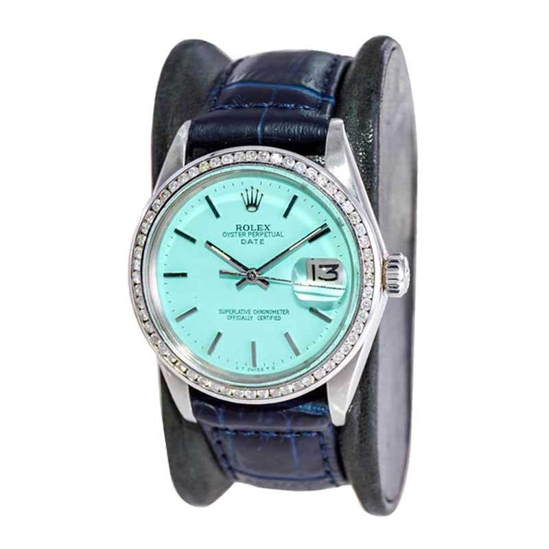Rolex Steel Oyster Perpetual Date with Custom Tiffany Blue Dial Early 1970's In Excellent Condition In Long Beach, CA