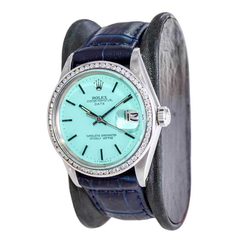 Women's or Men's Rolex Steel Oyster Perpetual Date with Custom Tiffany Blue Dial Early 1970's