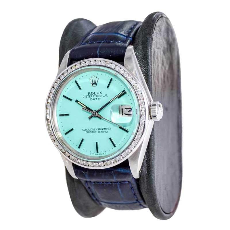 Rolex Steel Oyster Perpetual Date with Custom Blue Dial Early 1970's For Sale 3