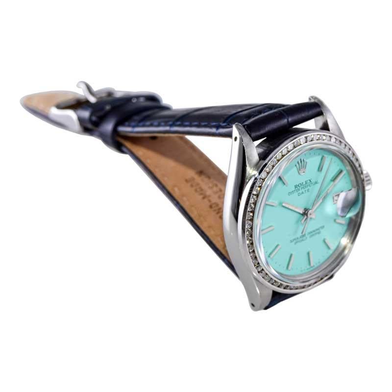 Rolex Steel Oyster Perpetual Date with Custom Blue Dial Early 1970's For Sale 4