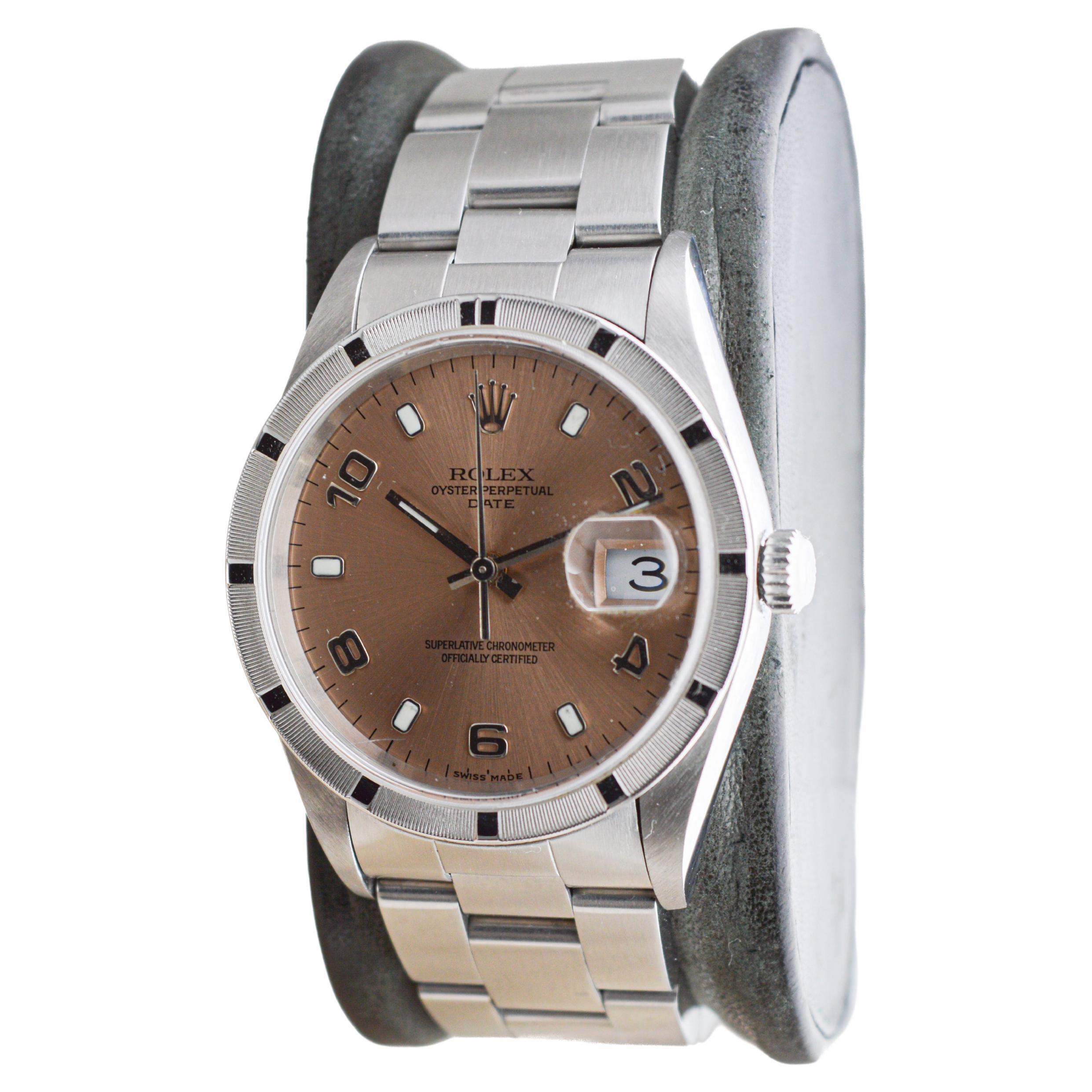 Modern Rolex Steel Oyster Perpetual Date with Exceptional Bronze Dial circa, 2000 For Sale